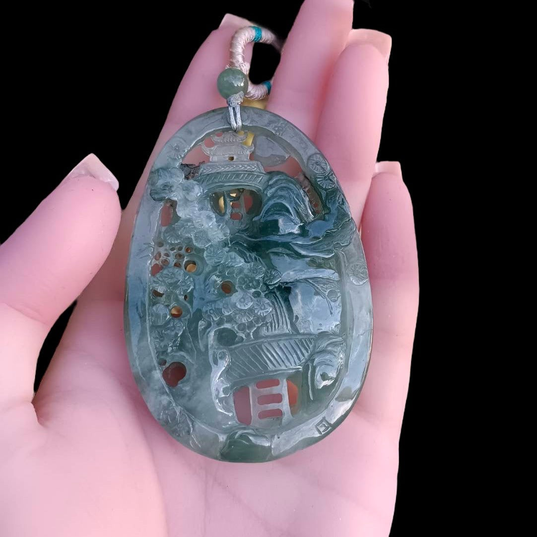 #163 Mason-Kay Certified Natural Green Icy Translucent Burma Jadeite Jade Landscape Pendant