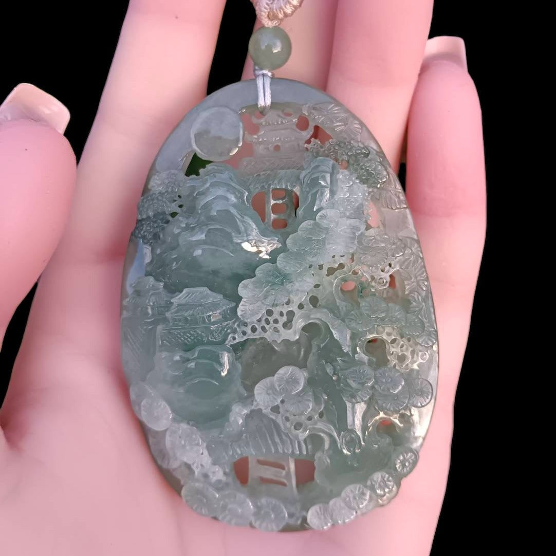 #163 Mason-Kay Certified Natural Green Icy Translucent Burma Jadeite Jade Landscape Pendant