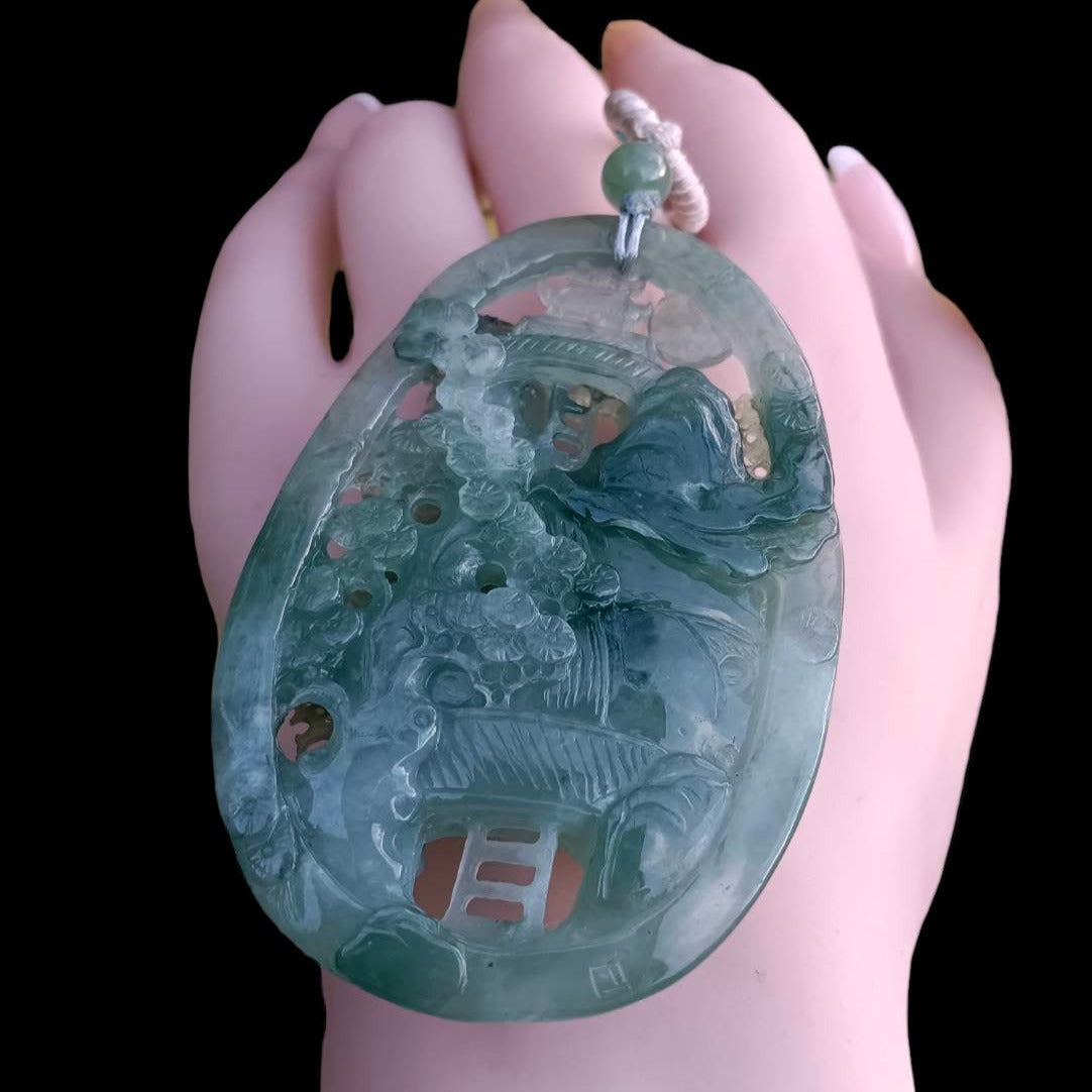 #163 Mason-Kay Certified Natural Green Icy Translucent Burma Jadeite Jade Landscape Pendant