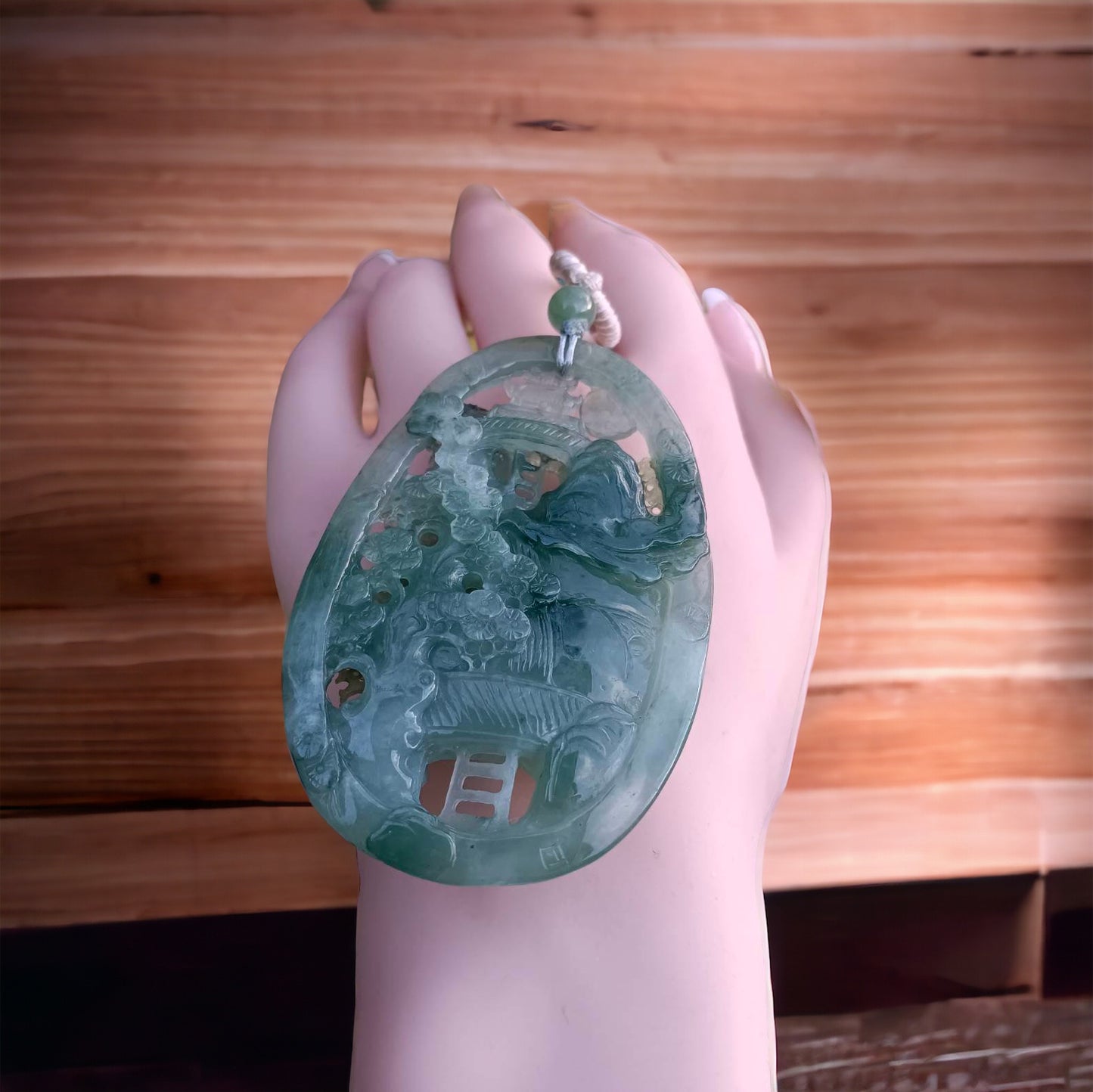 #163 Mason-Kay Certified Natural Green Icy Translucent Burma Jadeite Jade Landscape Pendant