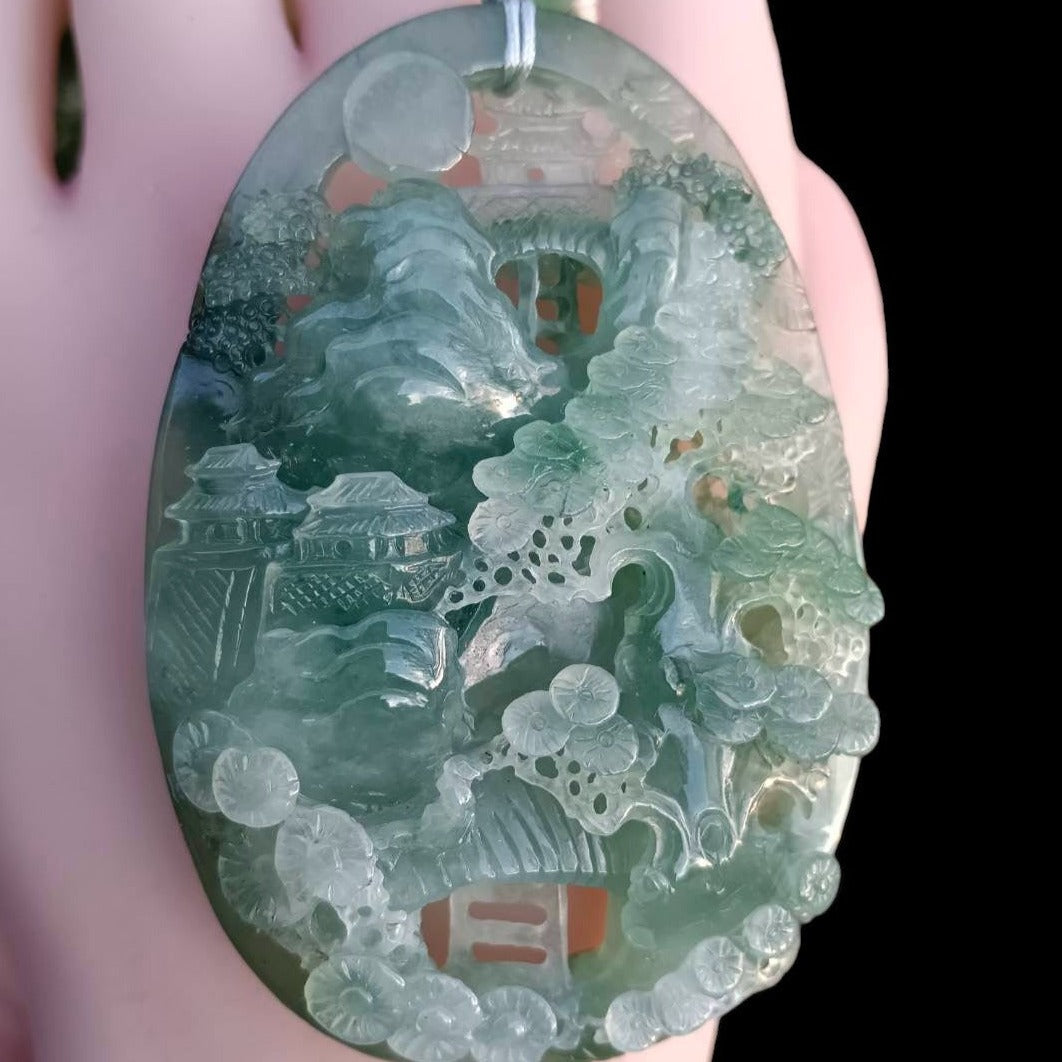 #163 Mason-Kay Certified Natural Green Icy Translucent Burma Jadeite Jade Landscape Pendant