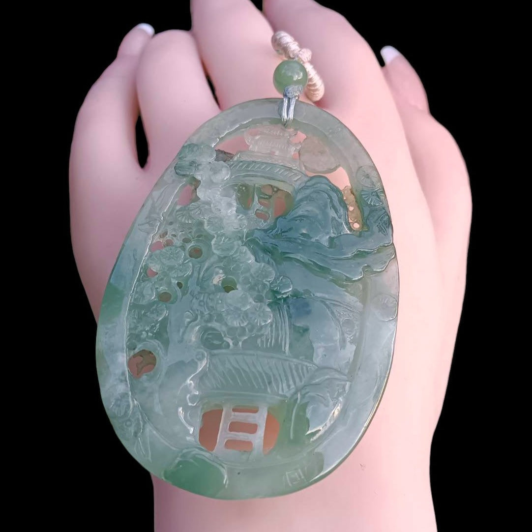 #163 Mason-Kay Certified Natural Green Icy Translucent Burma Jadeite Jade Landscape Pendant