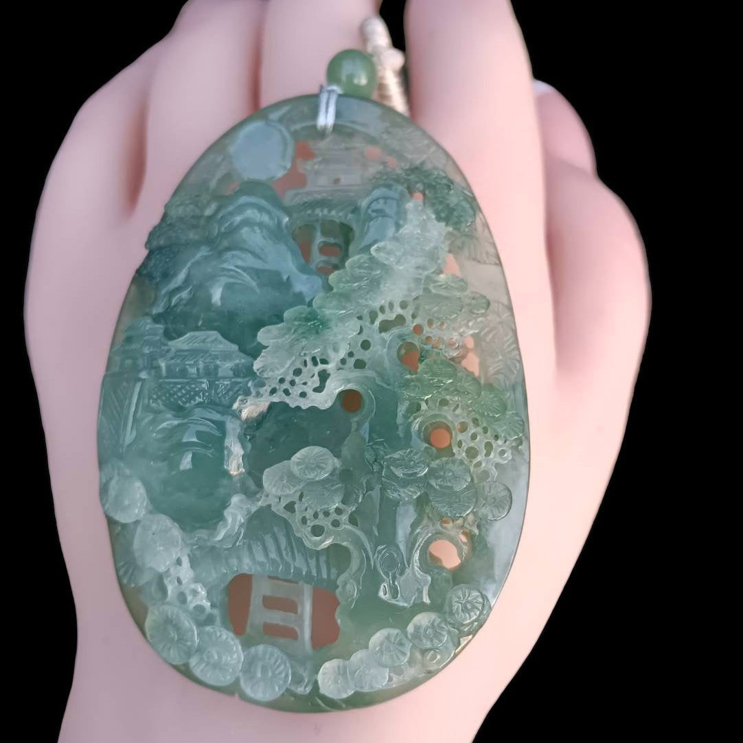 #163 Mason-Kay Certified Natural Green Icy Translucent Burma Jadeite Jade Landscape Pendant