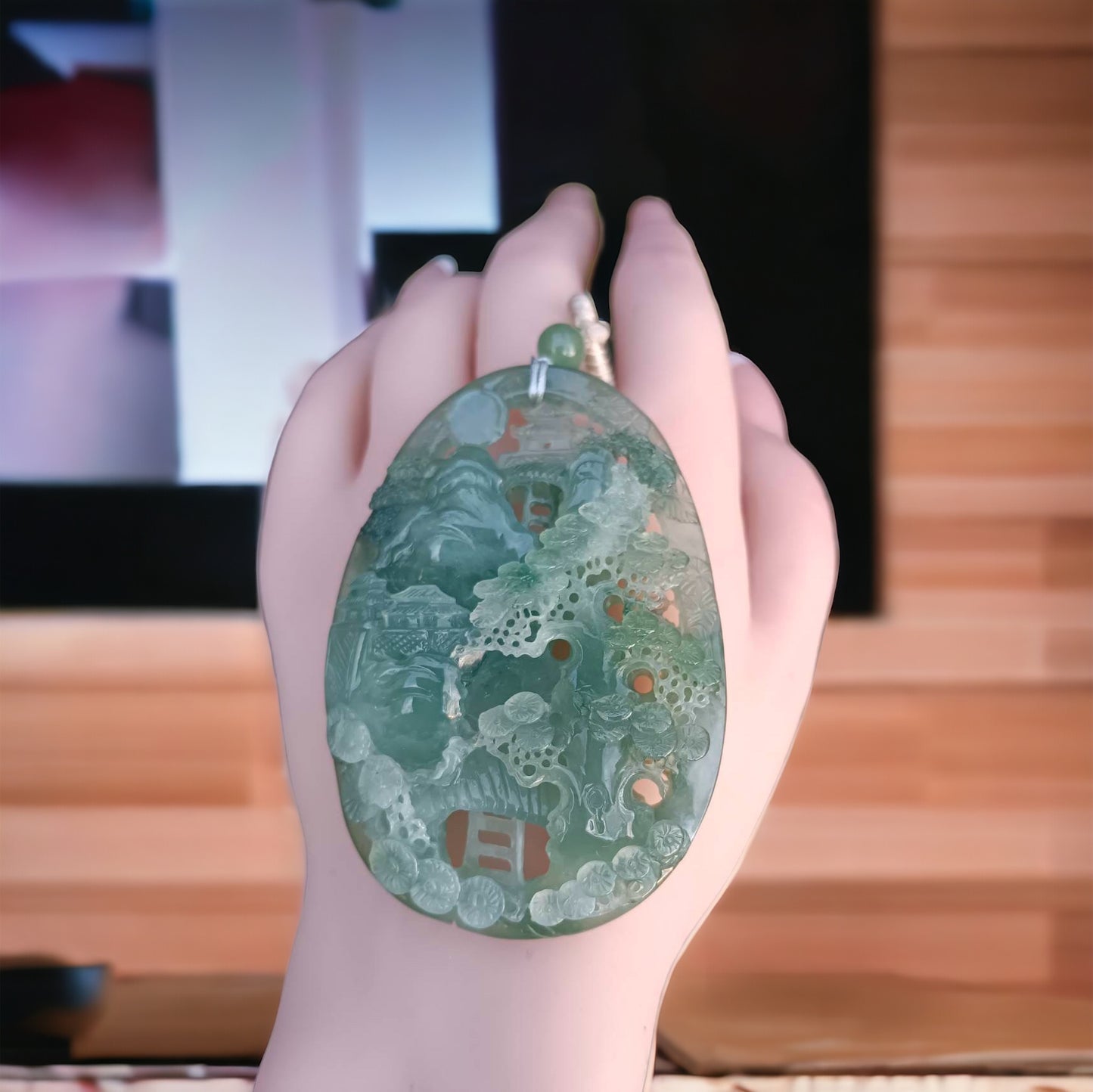 #163 Mason-Kay Certified Natural Green Icy Translucent Burma Jadeite Jade Landscape Pendant