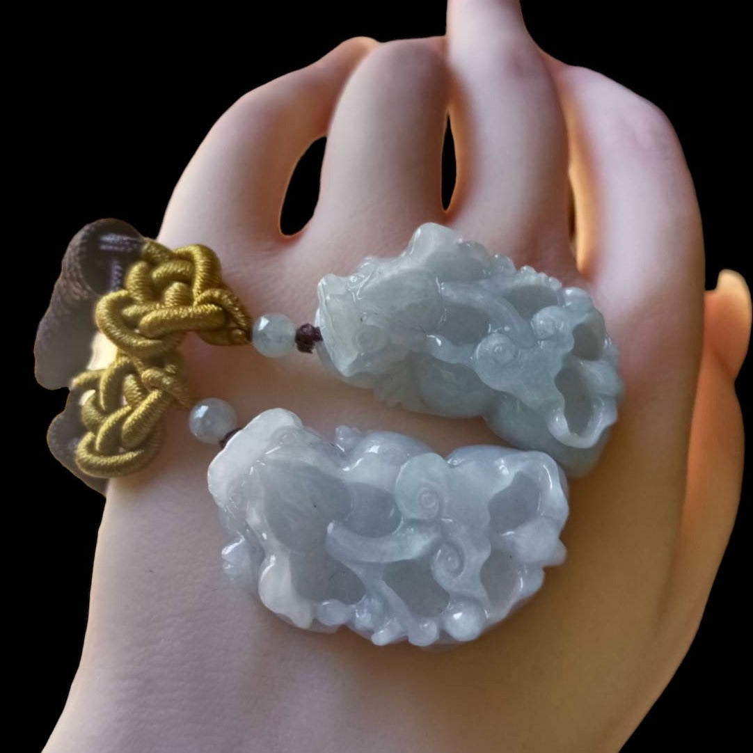 #188 Mason-Kay Certified Natural Icy Light Lavender Burma Jadeite Jade Paired Pixiu Pendant