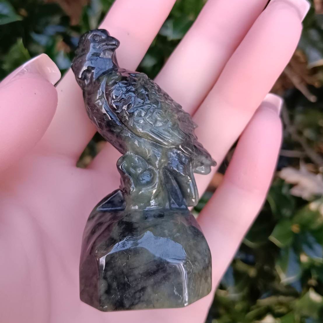 #58 Mason-Kay Certified Green and Black Burma Jadeite Jade Hawk Figurine