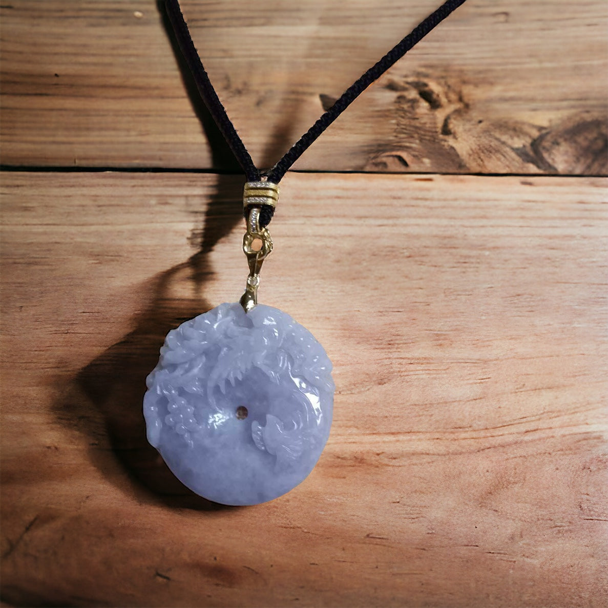 #532 Natural Lavender Burmese Jadeite, Birds and Flowers Pendant