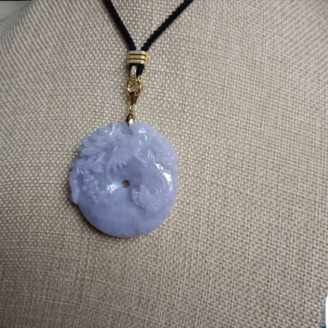 #532 Natural Lavender Burmese Jadeite, Birds and Flowers Pendant