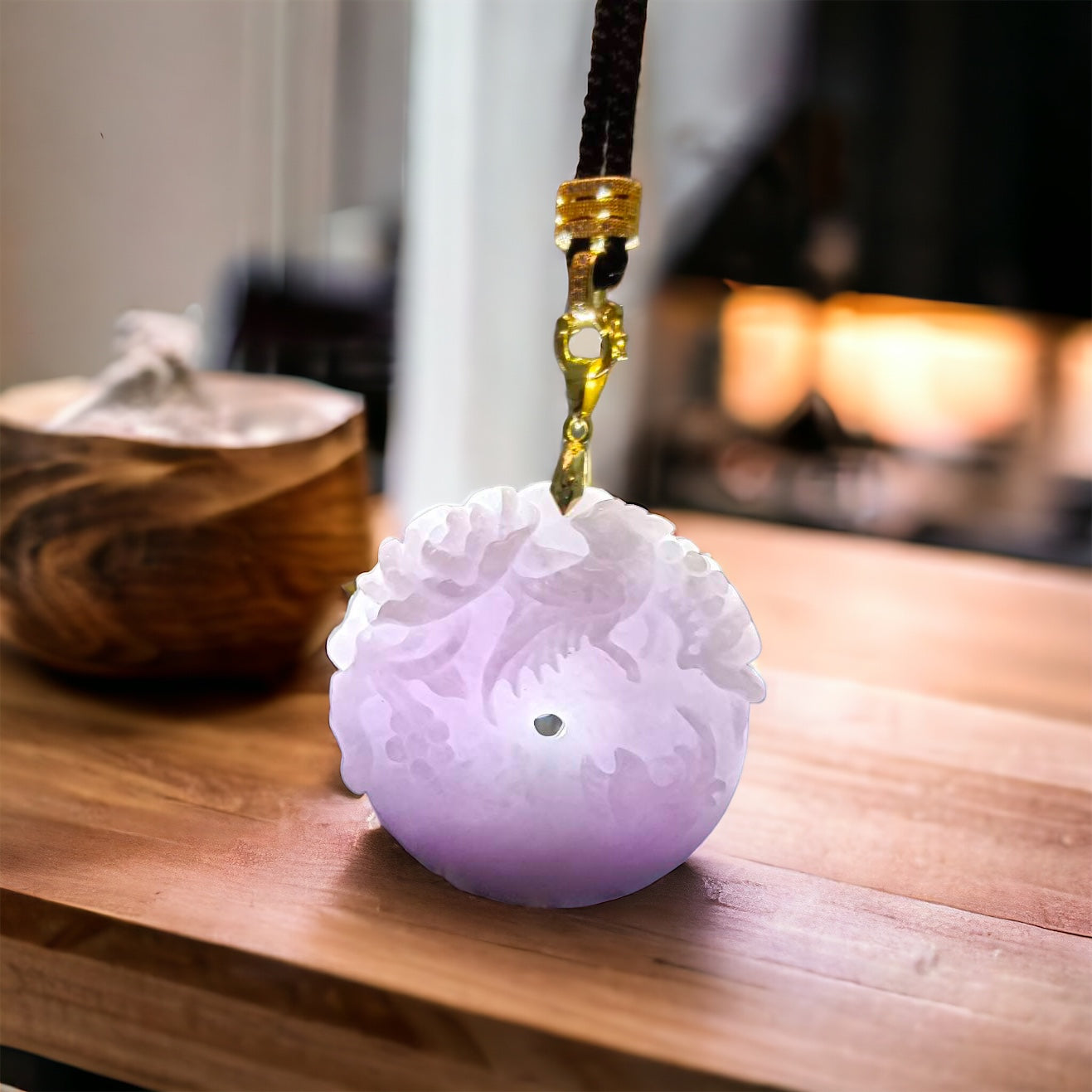 #532 Natural Lavender Burmese Jadeite, Birds and Flowers Pendant