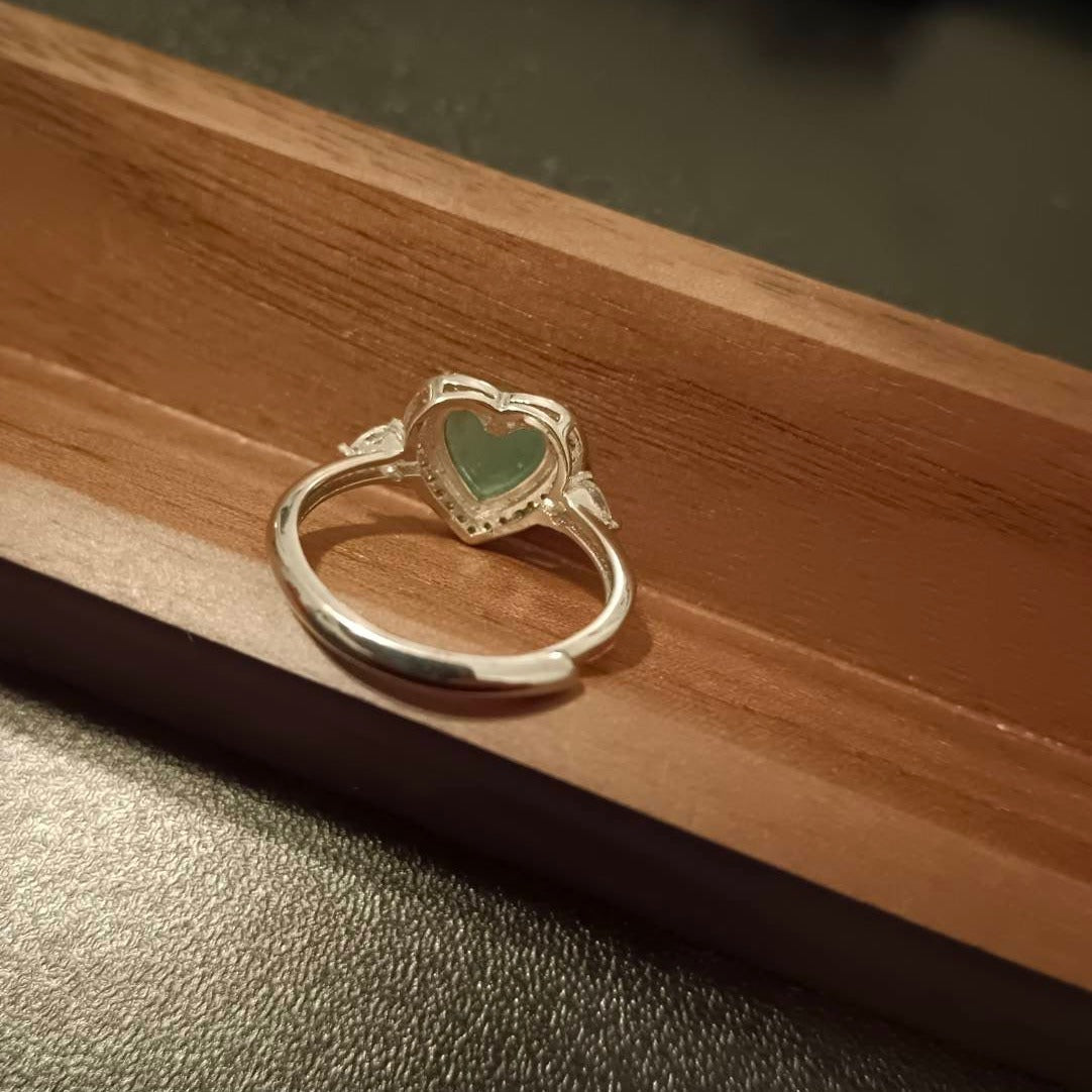 #755 Natural Icy Green Burma Jadeite Heart-Shape Ring with Sterling Silver and CZ Setting