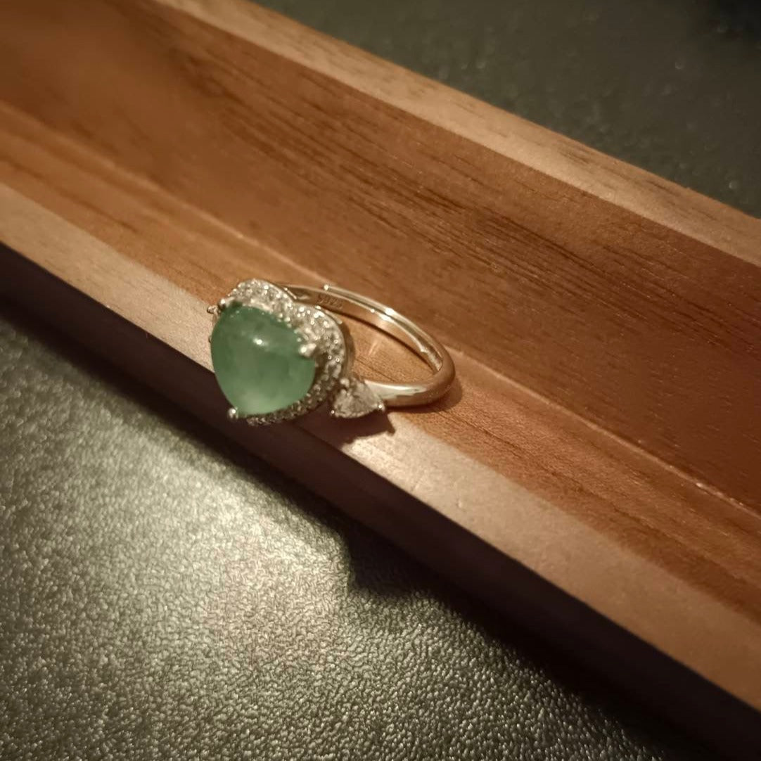 #755 Natural Icy Green Burma Jadeite Heart-Shape Ring with Sterling Silver and CZ Setting