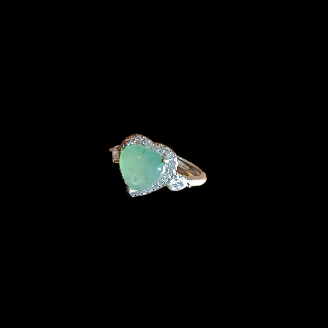 #755 Natural Icy Green Burma Jadeite Heart-Shape Ring with Sterling Silver and CZ Setting