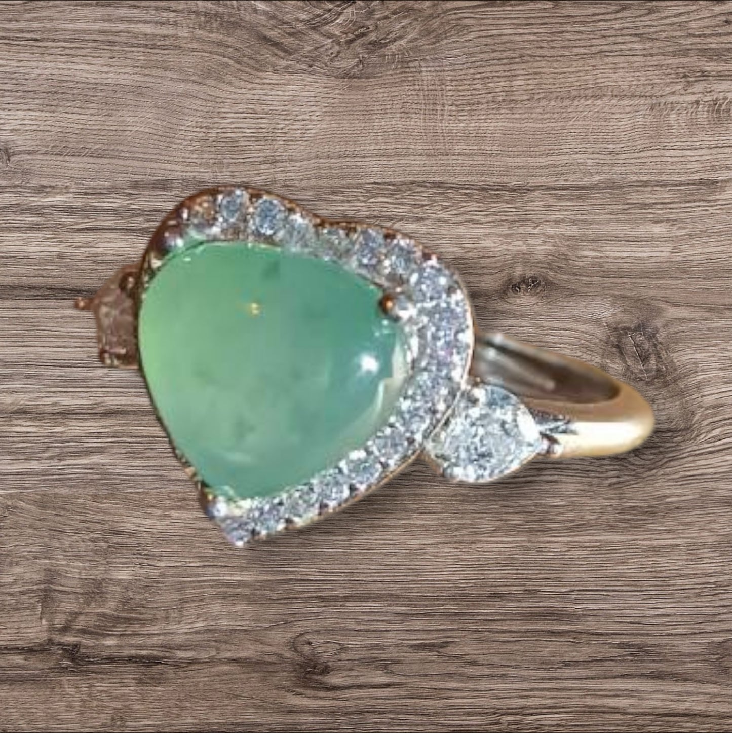 #755 Natural Icy Green Burma Jadeite Heart-Shape Ring with Sterling Silver and CZ Setting