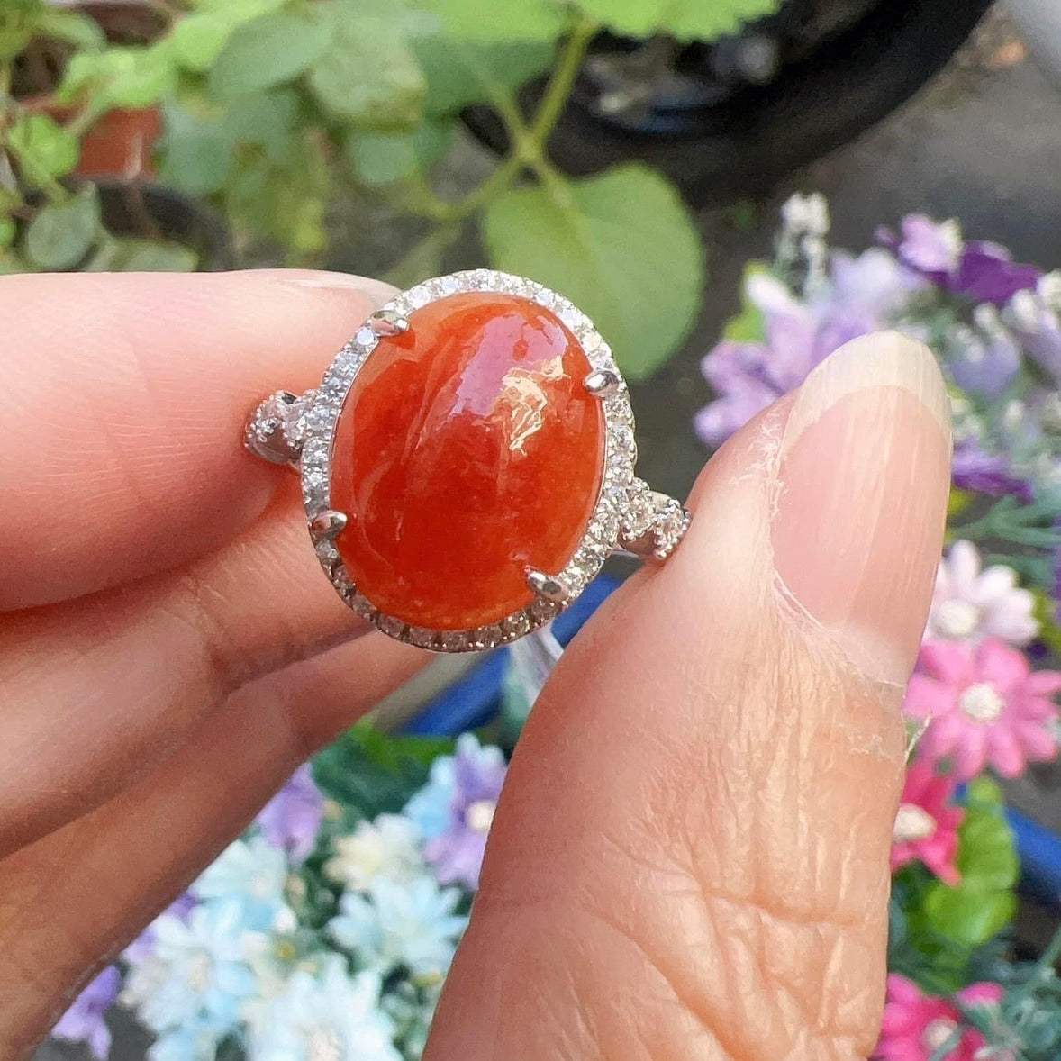 #771 Icy Red Burma Jadeite Ring with Sterling Silver and CZ Setting