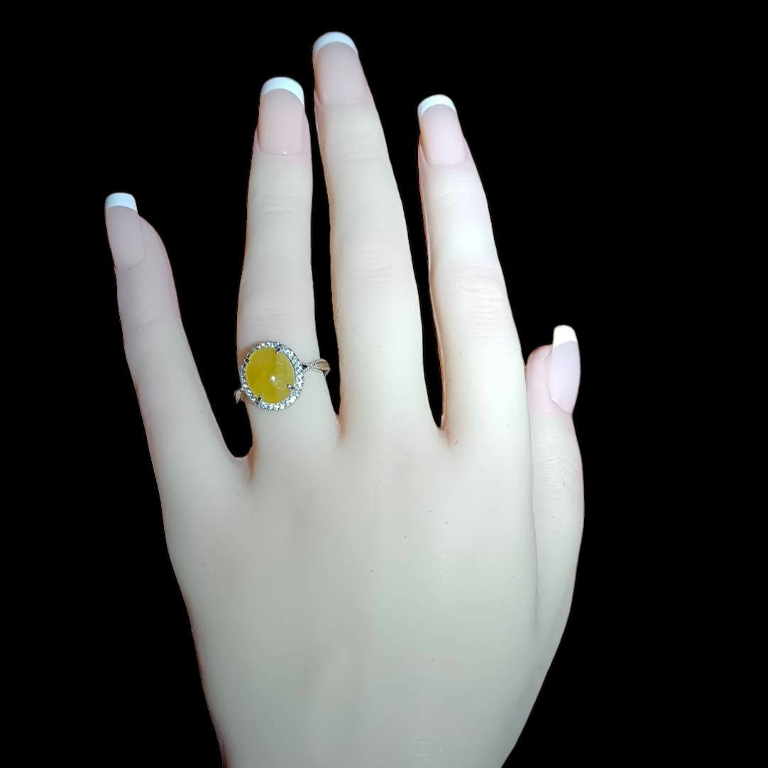 #772 Icy Yellow Burma Jadeite Ring with Sterling Silver and CZ Setting