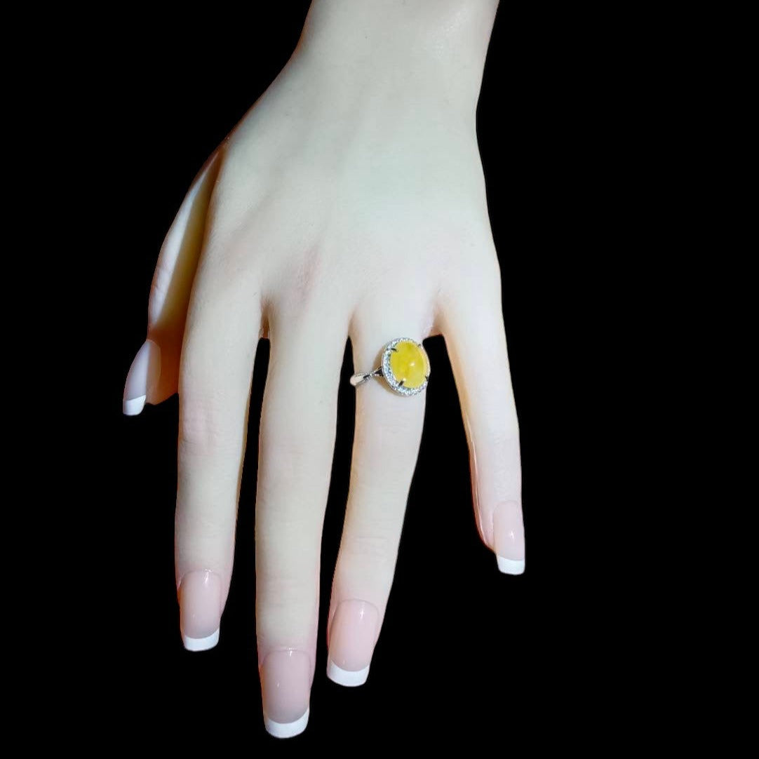 #772 Icy Yellow Burma Jadeite Ring with Sterling Silver and CZ Setting