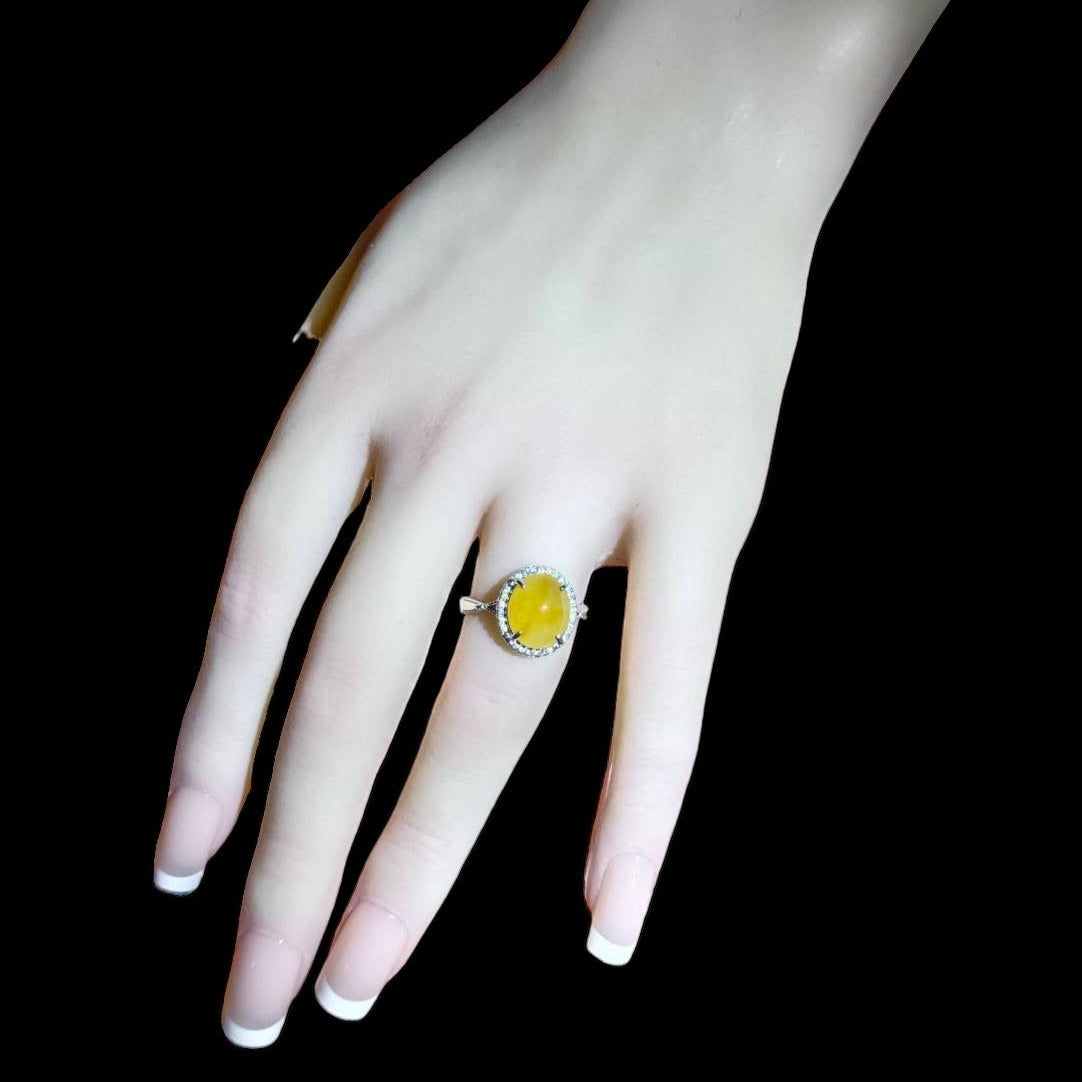 #772 Icy Yellow Burma Jadeite Ring with Sterling Silver and CZ Setting