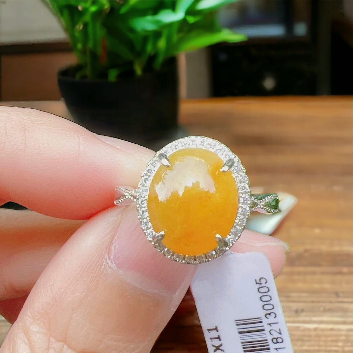 #772 Icy Yellow Burma Jadeite Ring with Sterling Silver and CZ Setting