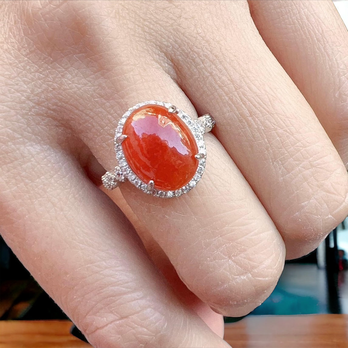 #771 Icy Red Burma Jadeite Ring with Sterling Silver and CZ Setting