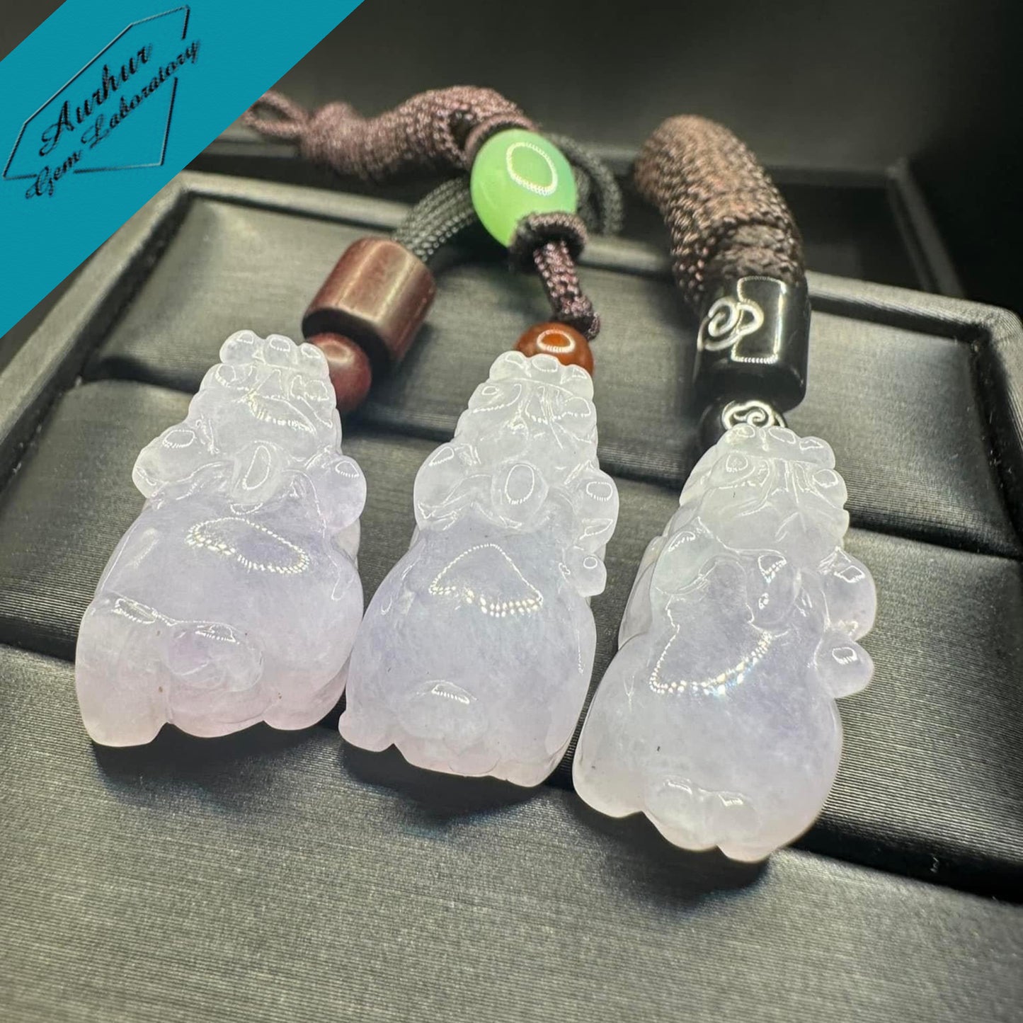 #848, the AGL Certified Natural Translucent Lavender Burma Jadeite Pixiu Triplets Pendants