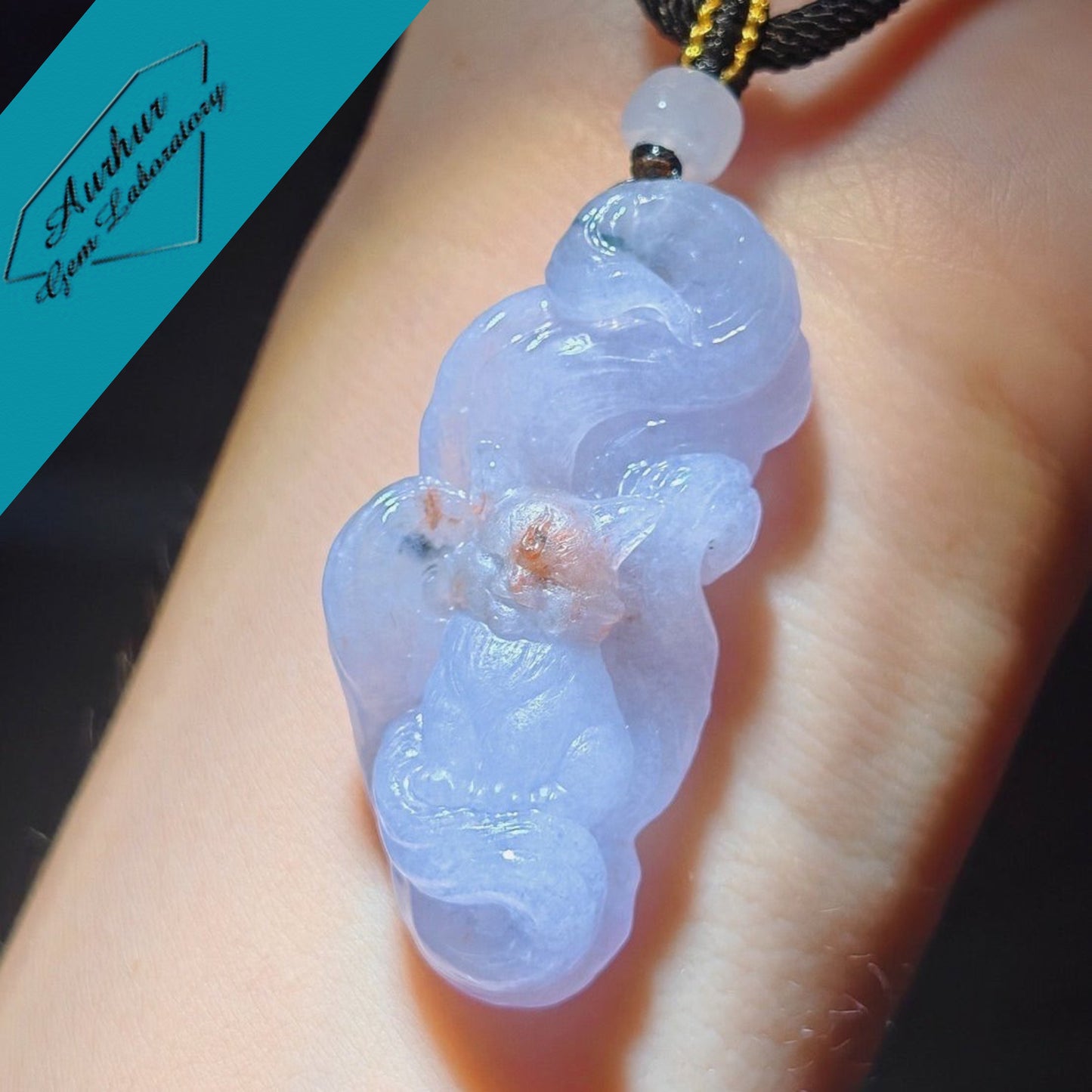 #793 AGL Certified Semi-Transparent Tri-Color Burma Jadeite, 9-Tailed Fox Pendant