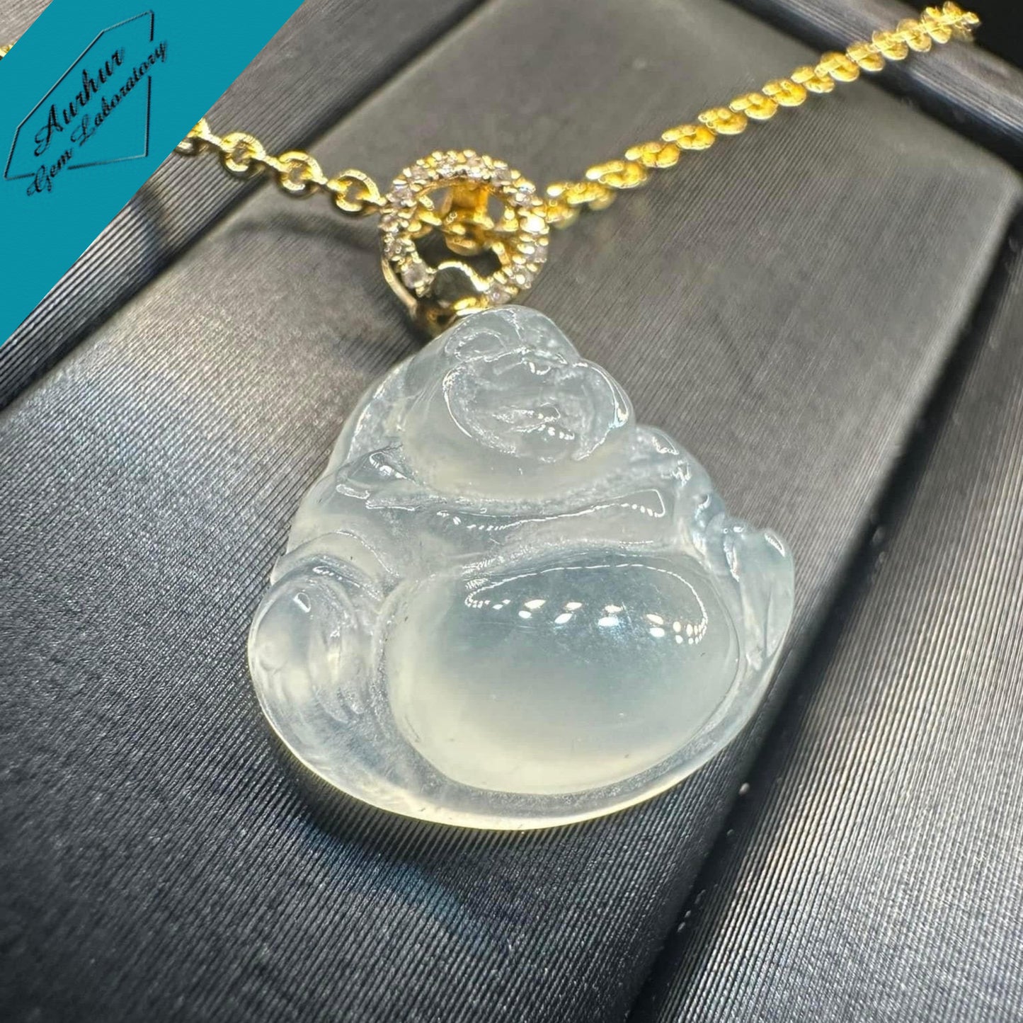 #849 AGL Certified Semi-Transparent White Burma Jadeite, Happy Buddha Pendant
