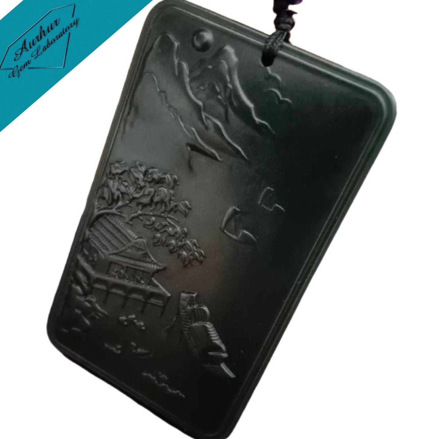 #865 AGL Certified Dark Green Hetian Nephrite Jade, Landscape Pendant