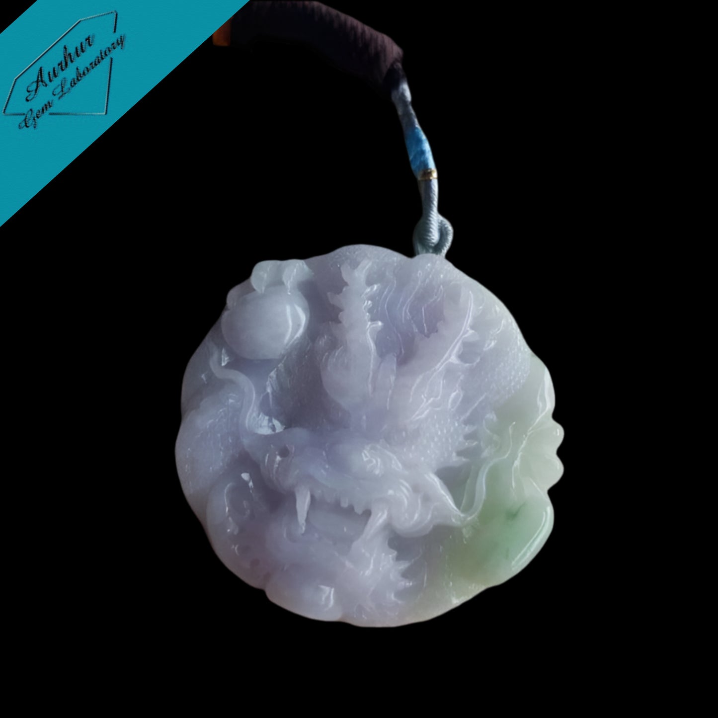 #817 AGL Certified Natural Green and Lavender Translucent Burma Jadeite, Dragon Pendant