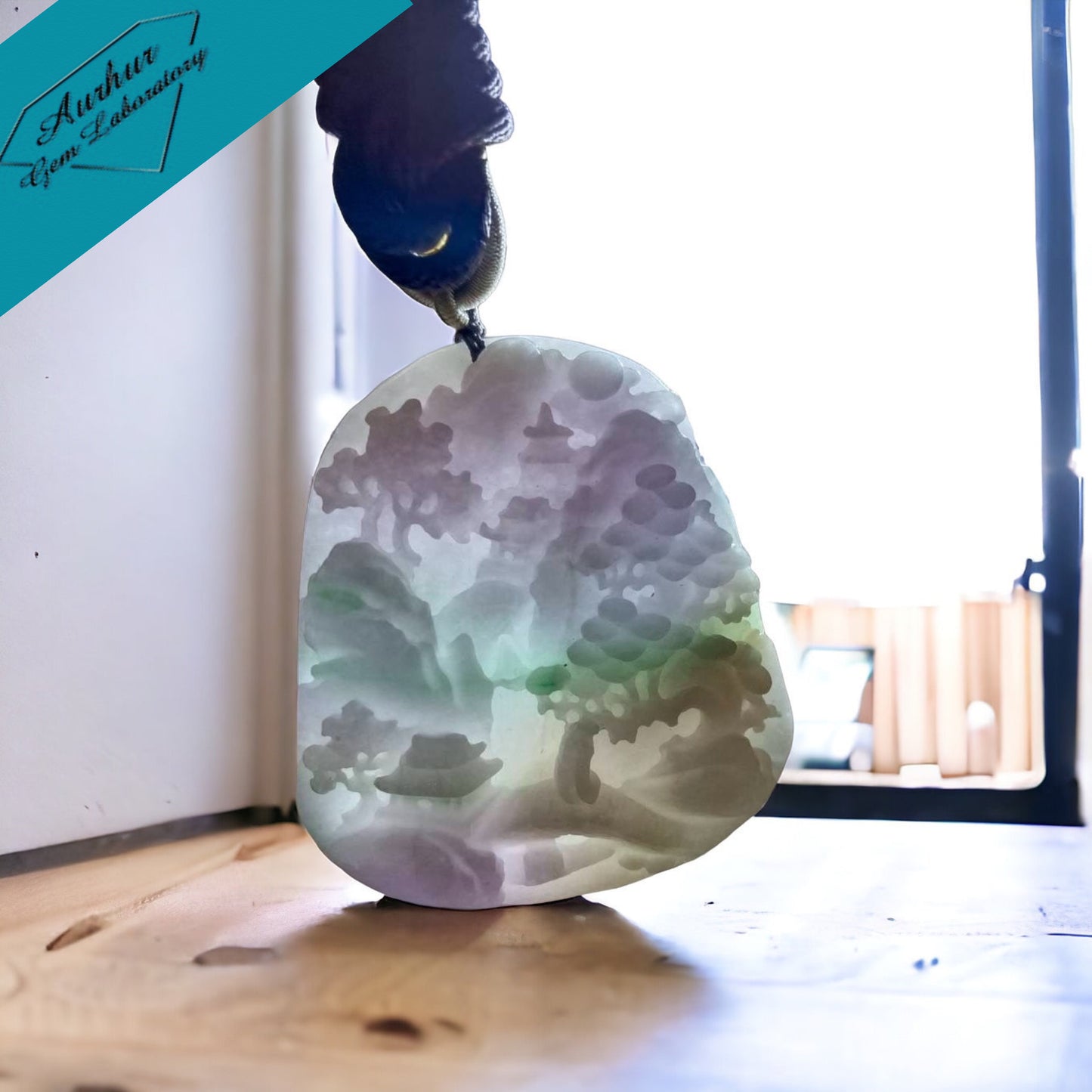 #669 AGL Certified Natural Lavender/Green Burma Jadeite Landscape Pendant