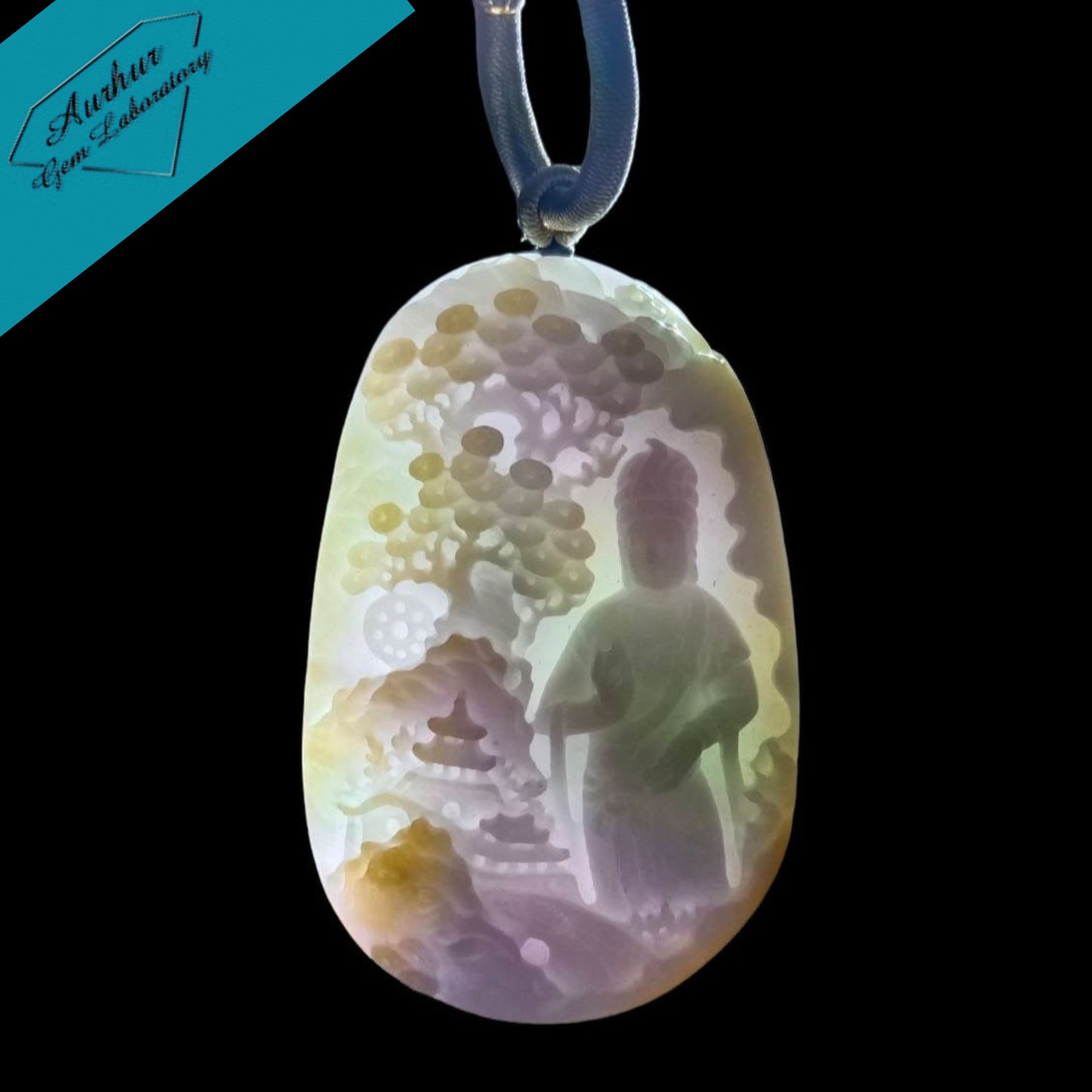 #635 AGL Certified Natural Lavender/Green/Yellow Burma Jadeite Guan-Yin in Landscape Pendant