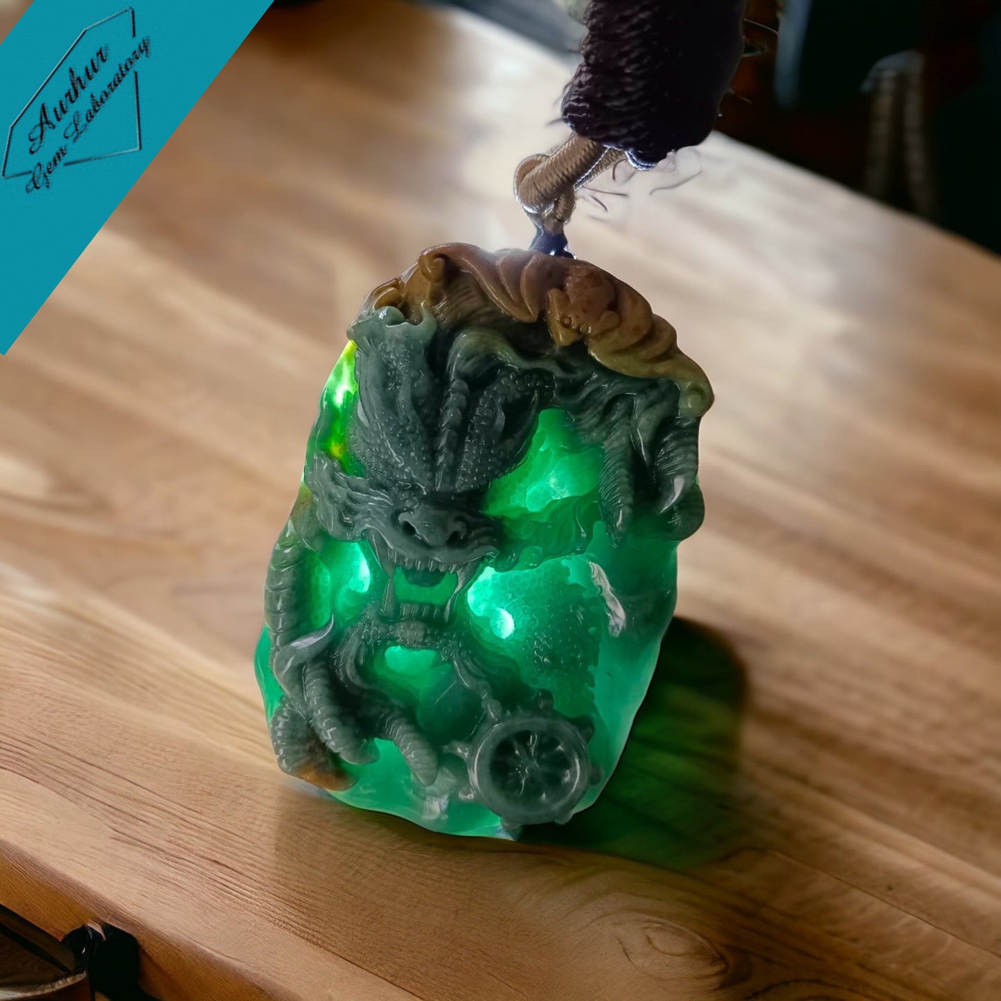 #634 AGL Certified Natural Green/Yellow/Blue Guatemala Jadeite Dragon Pendant