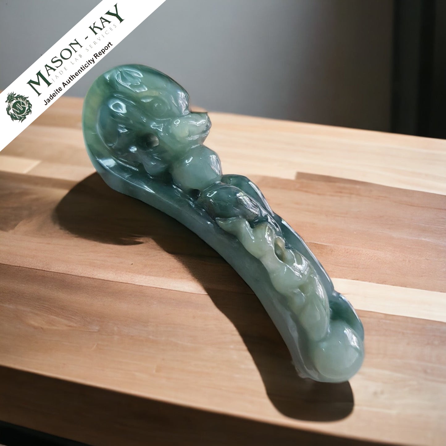 #305 Mason-Kay Certified Burma Jadeite Jade Mandarin-Ducks Dragon Hook (鴛鴦龍勾) Figurine