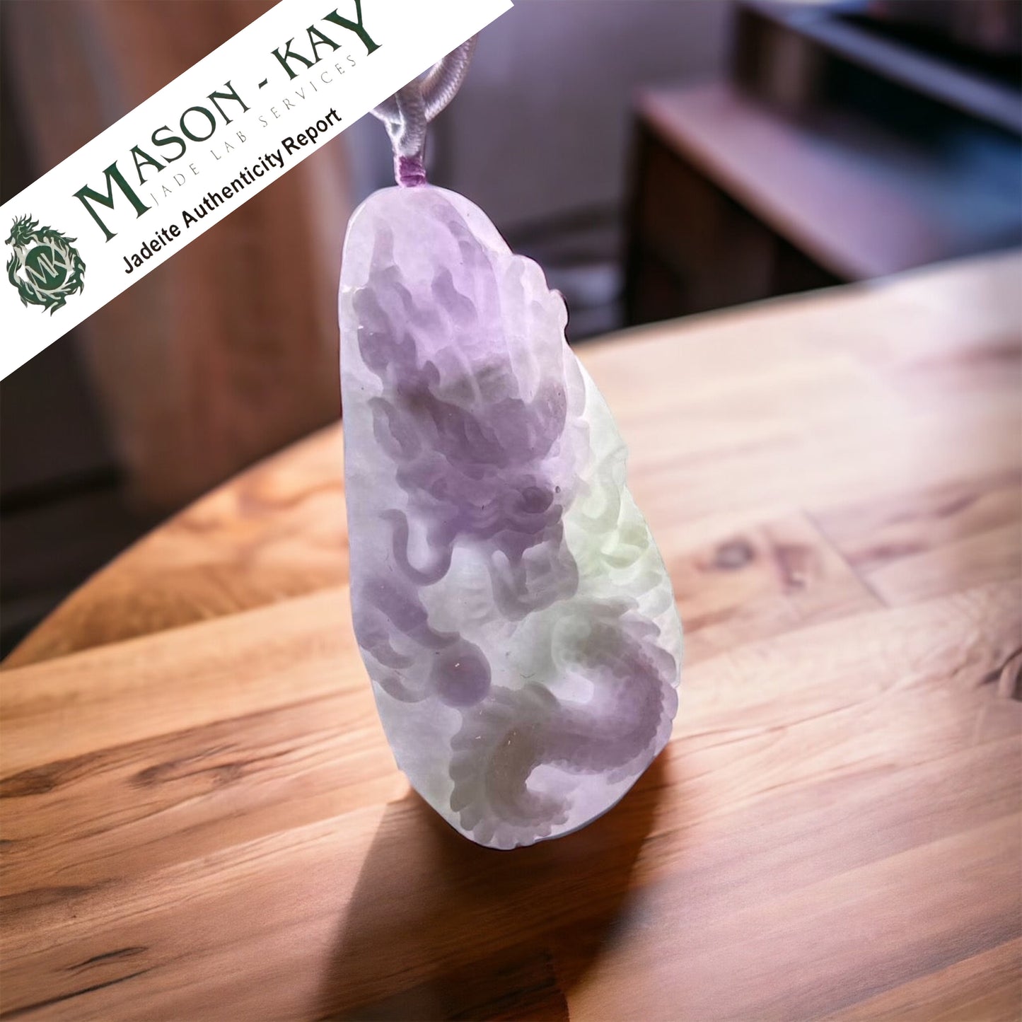 #70 Mason-Kay Certified Natural Lavender Green Burma Jadeite Jade Dragon Pendant