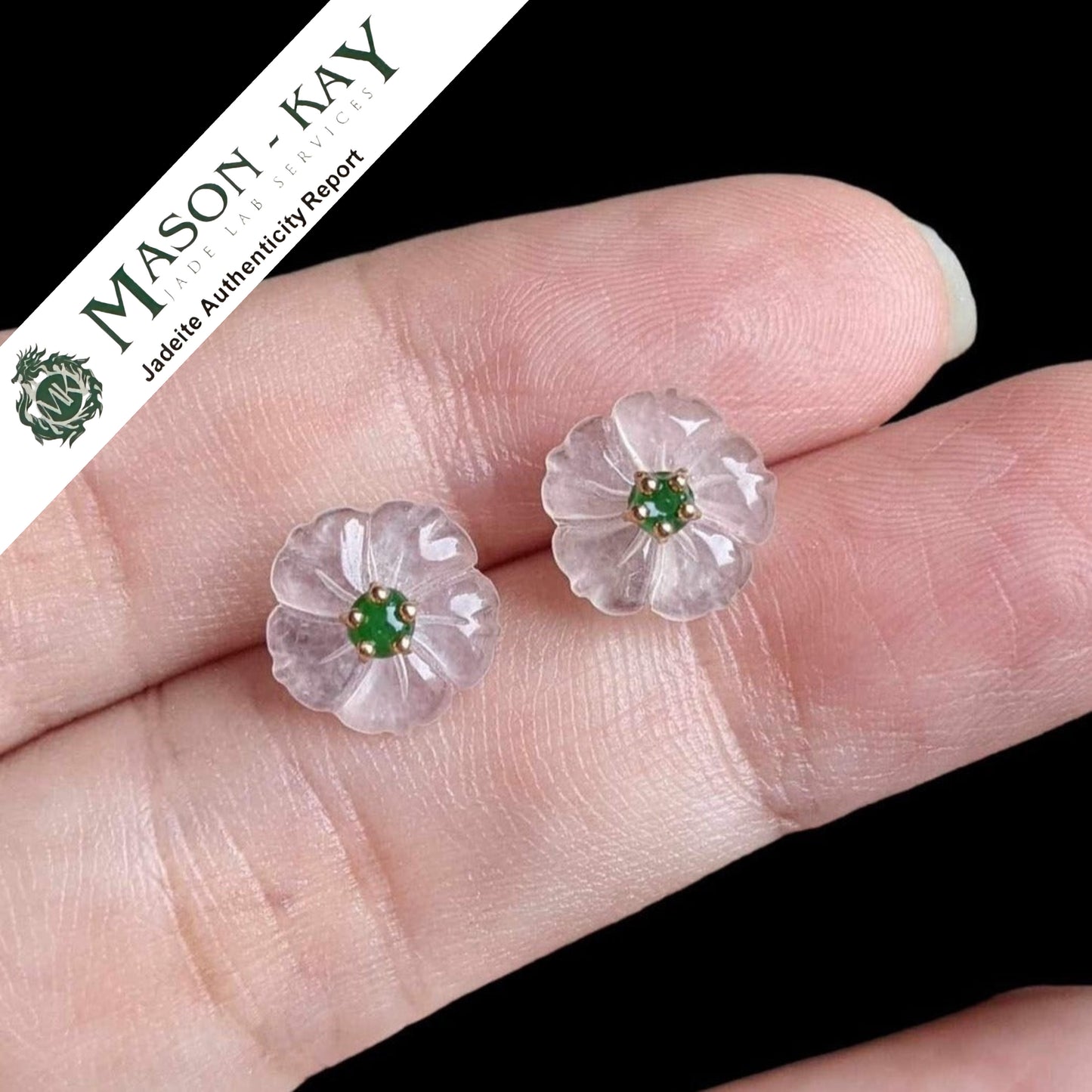 #96 Mason-Kay Certified Icy White and Imperial Green Natural Burma Jadeite Jade Flower Stud Earrings with 18K Yellow Gold set