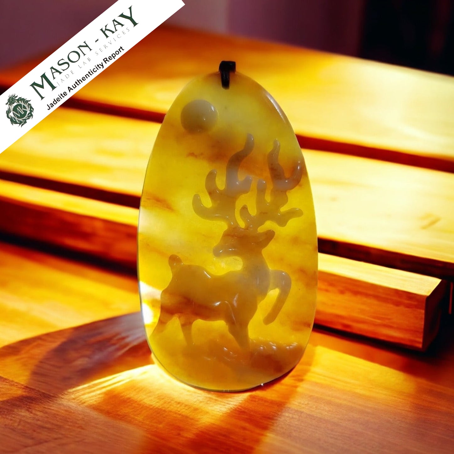 #137 Mason-Kay Certified Yellow/Red Natural Burma Jadeite Jade Sunset Deer 一路(鹿)有你