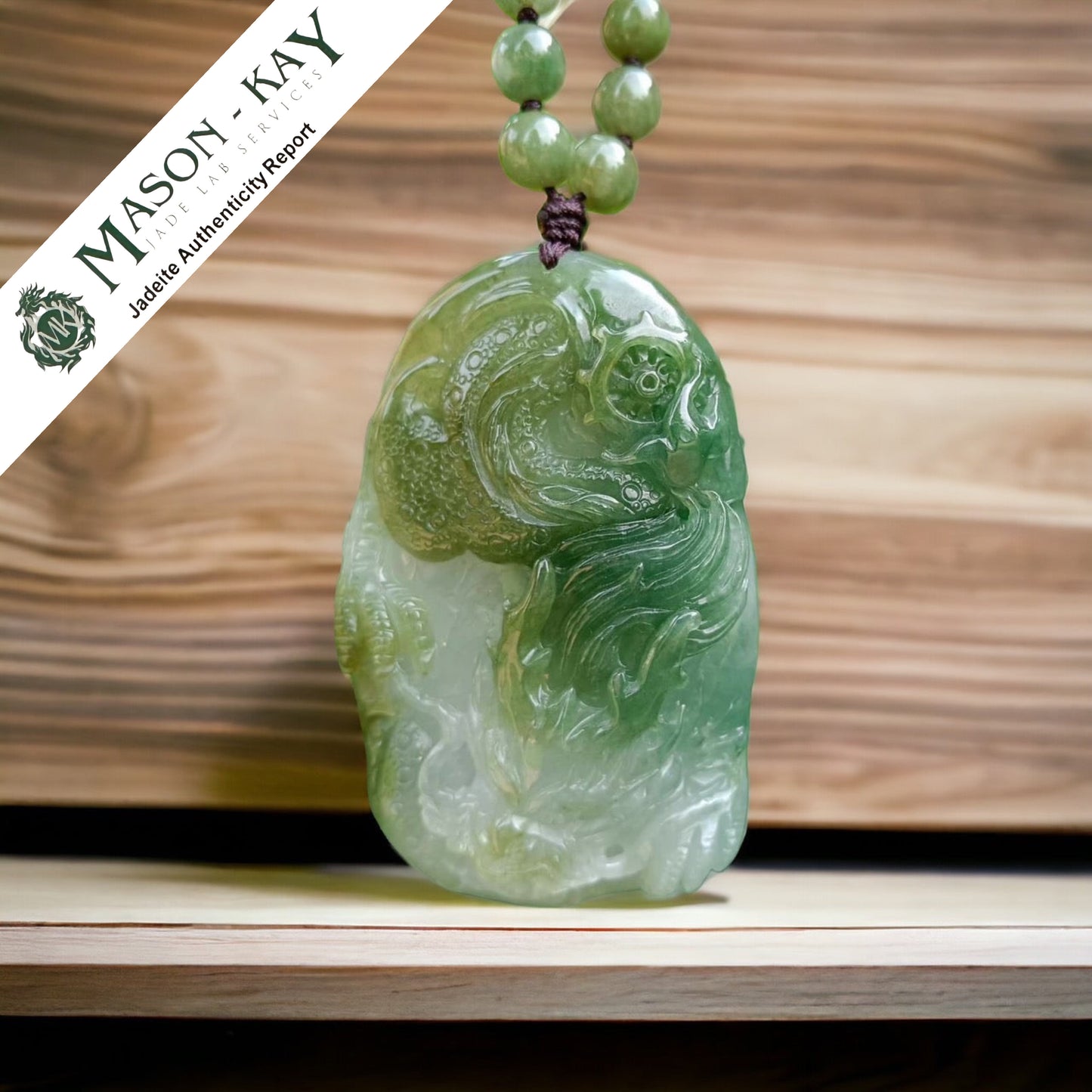 #19 Mason-Kay Certified Natural Jadeite Jade Mocha Green Dragon Pendant with Bead Necklace