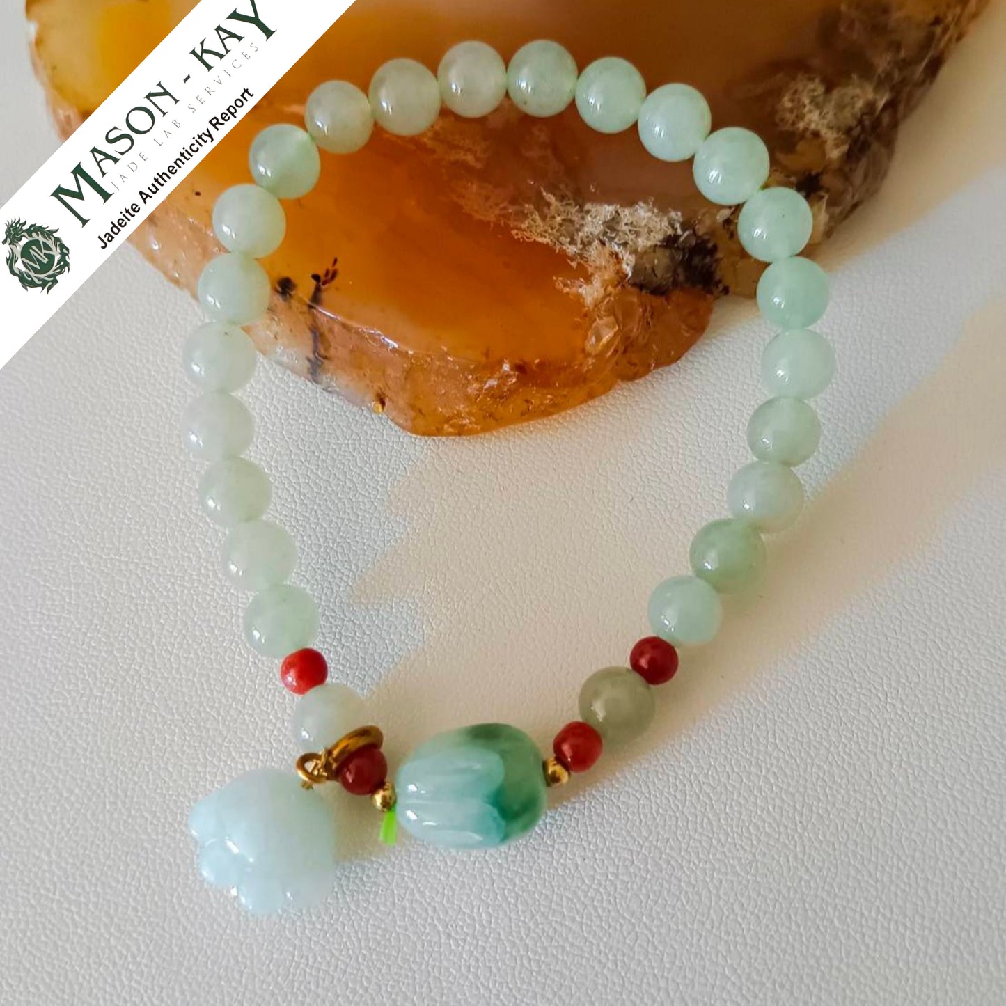 #266 Mason-Kay Certified Light Green Bunny Jadeite Jade Designer's Bead Bracelet