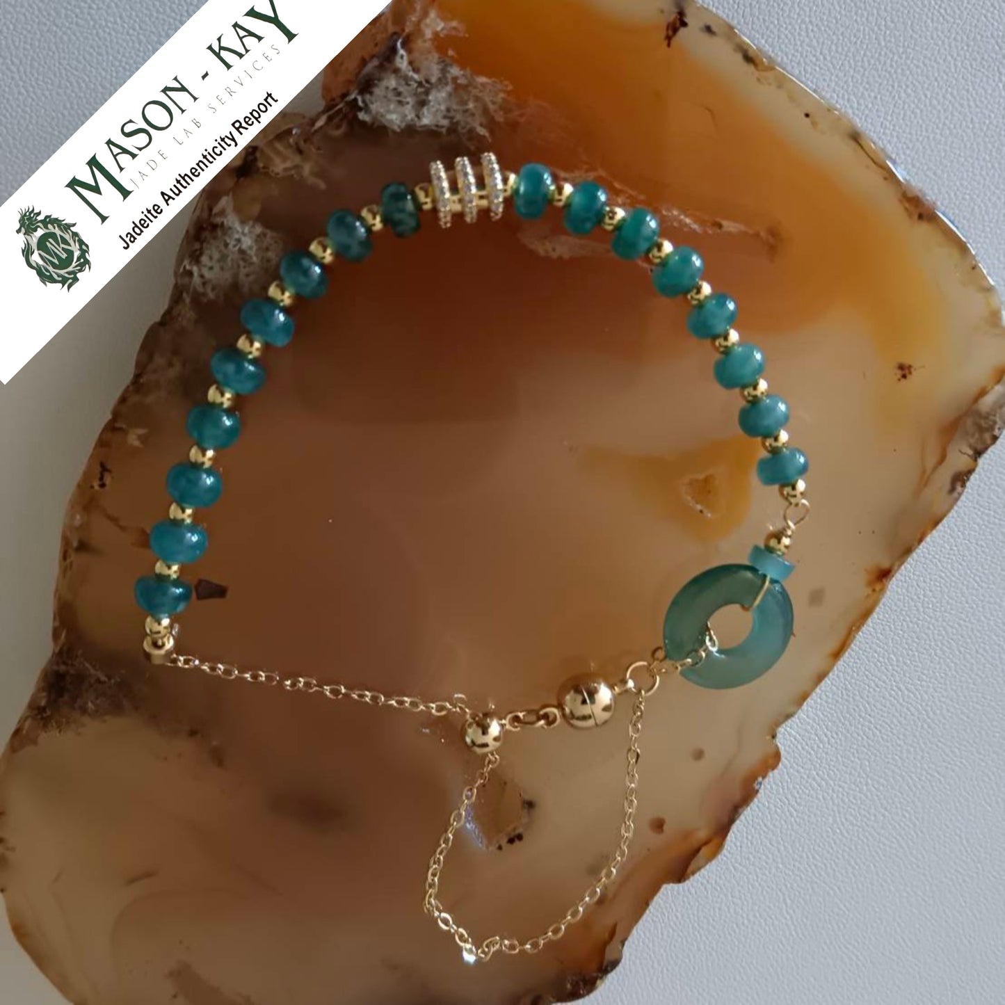 #99 Mason-Kay Certified Translucent Blue Water Guatemala Jadeite Jade Designer's Bead Bracelet