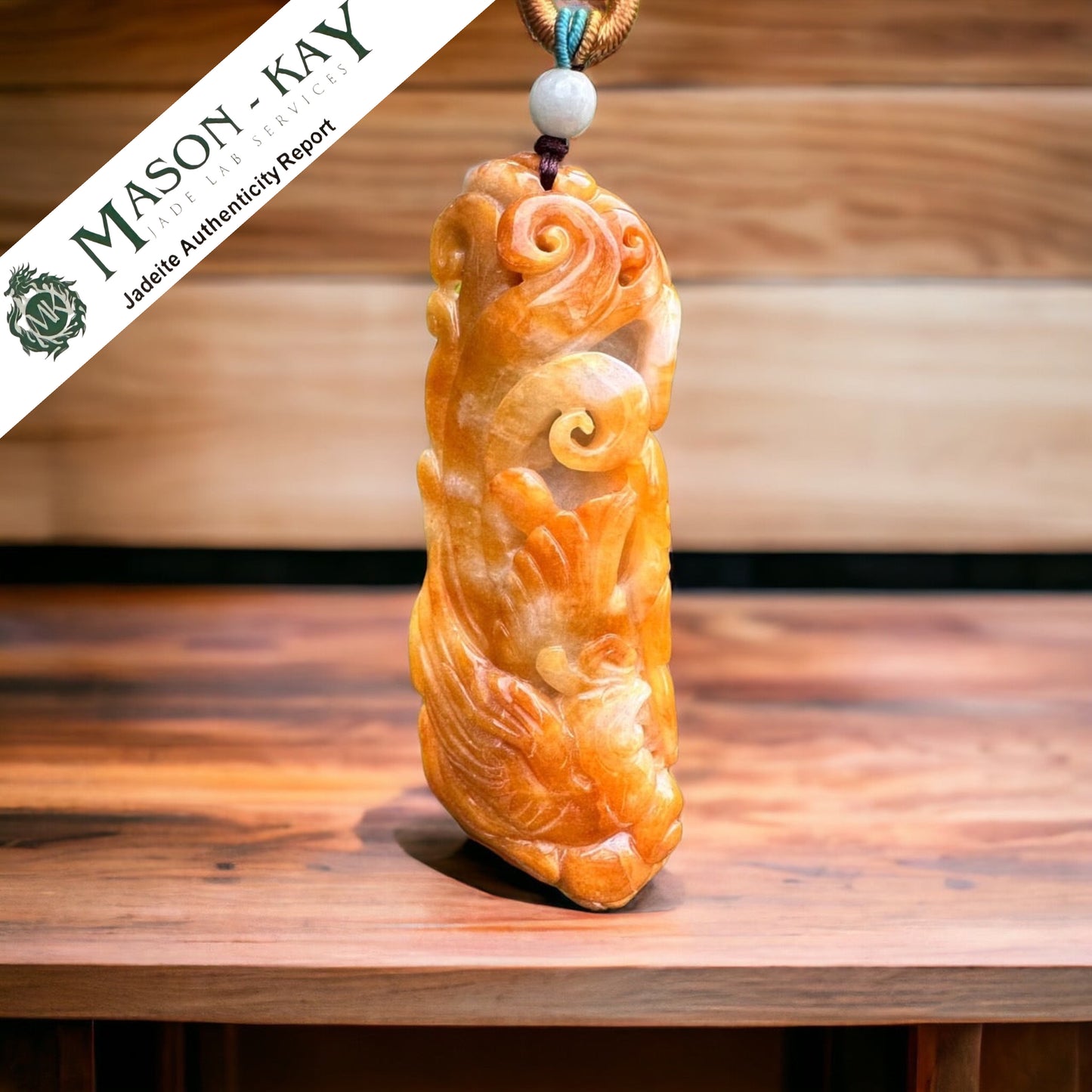 #138 Mason-Kay Certified Natural Translucent Yellow Jadeite Phoenix Pendant
