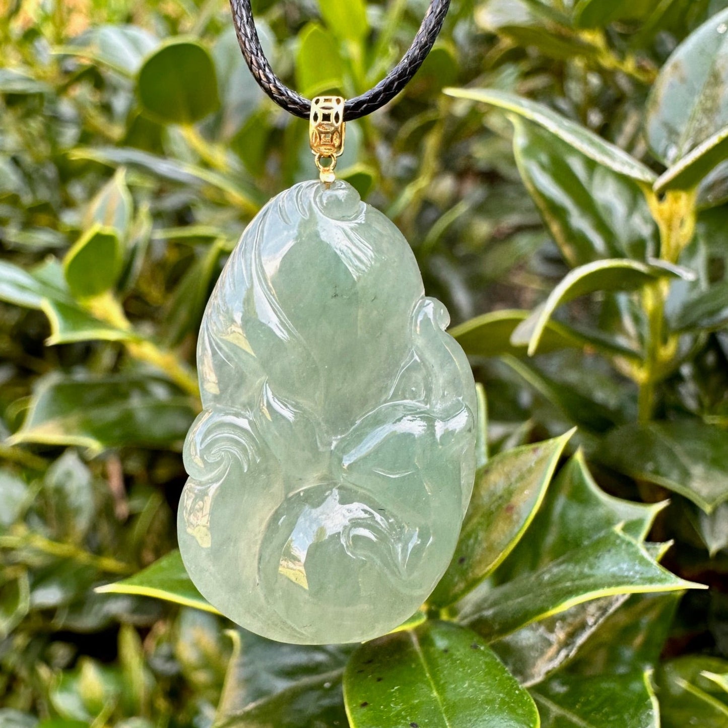#3 GIA Certified Natural Green Burma Jadeite Jade Nine-Tailed Fox Pendant with an 18K Gold Bail