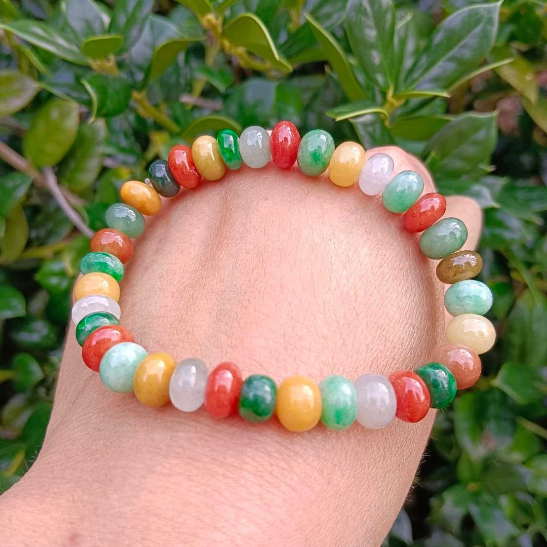 #5 Mason-Kay Certified Icy Translucent Natural Burma Jadeite Jade Multi-Color Bead Bracelet, 7+ mm beads