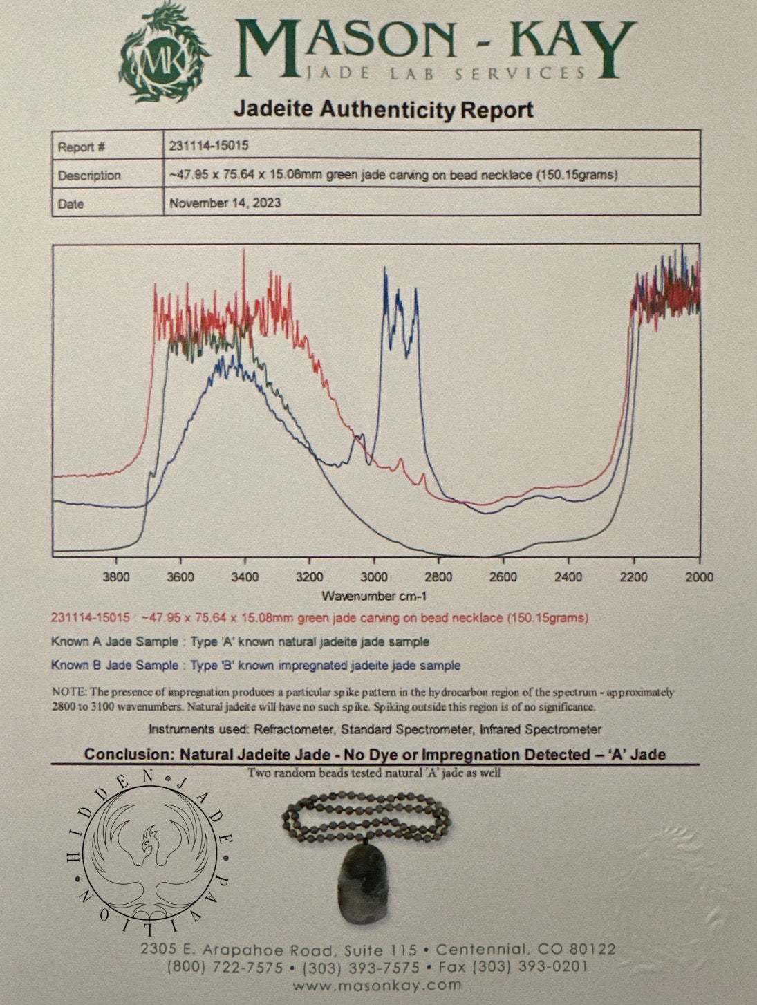 #19 Mason-Kay Certified Natural Jadeite Jade Mocha Green Dragon Pendant with Bead Necklace