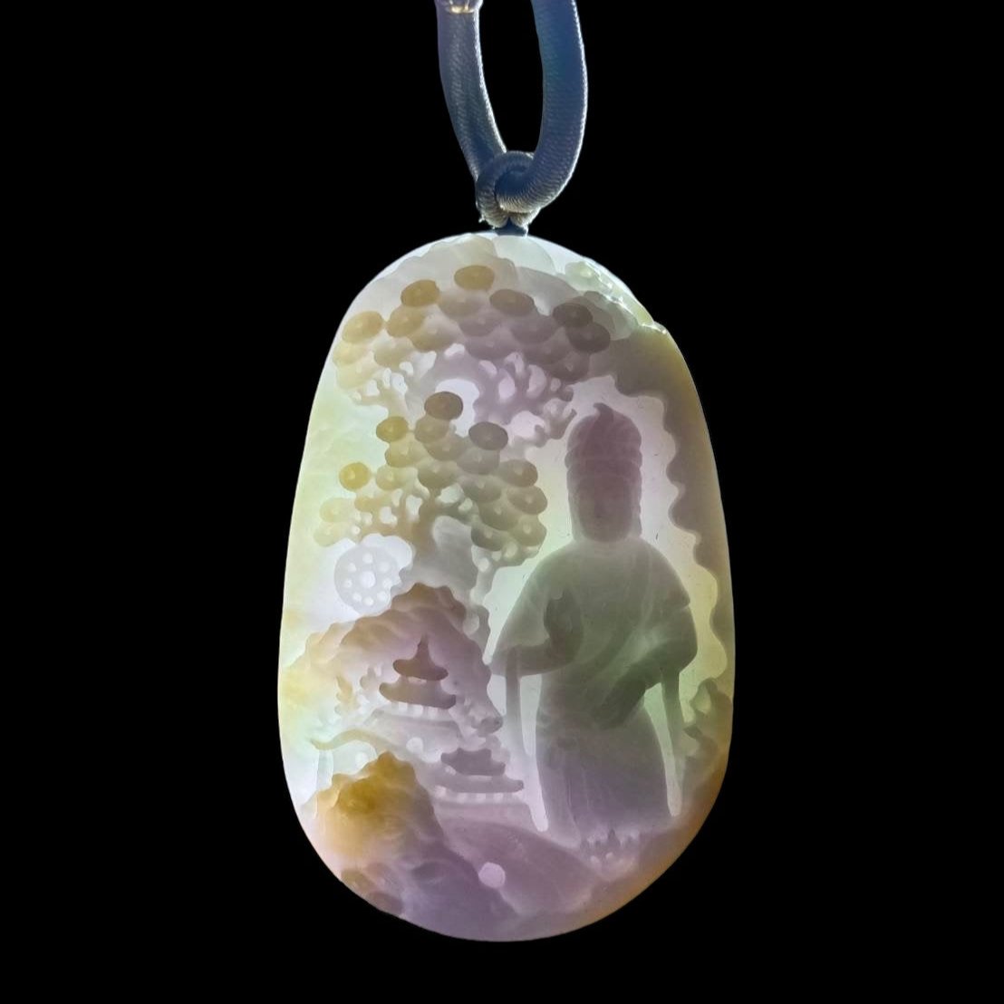 #635 AGL Certified Natural Lavender/Green/Yellow Burma Jadeite Guan-Yin in Landscape Pendant