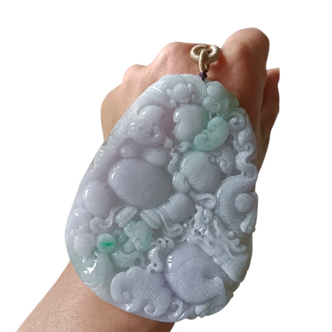 #644 AGL Certified Natural Lavender and Green Burma Jadeite Happy Buddha Pendant