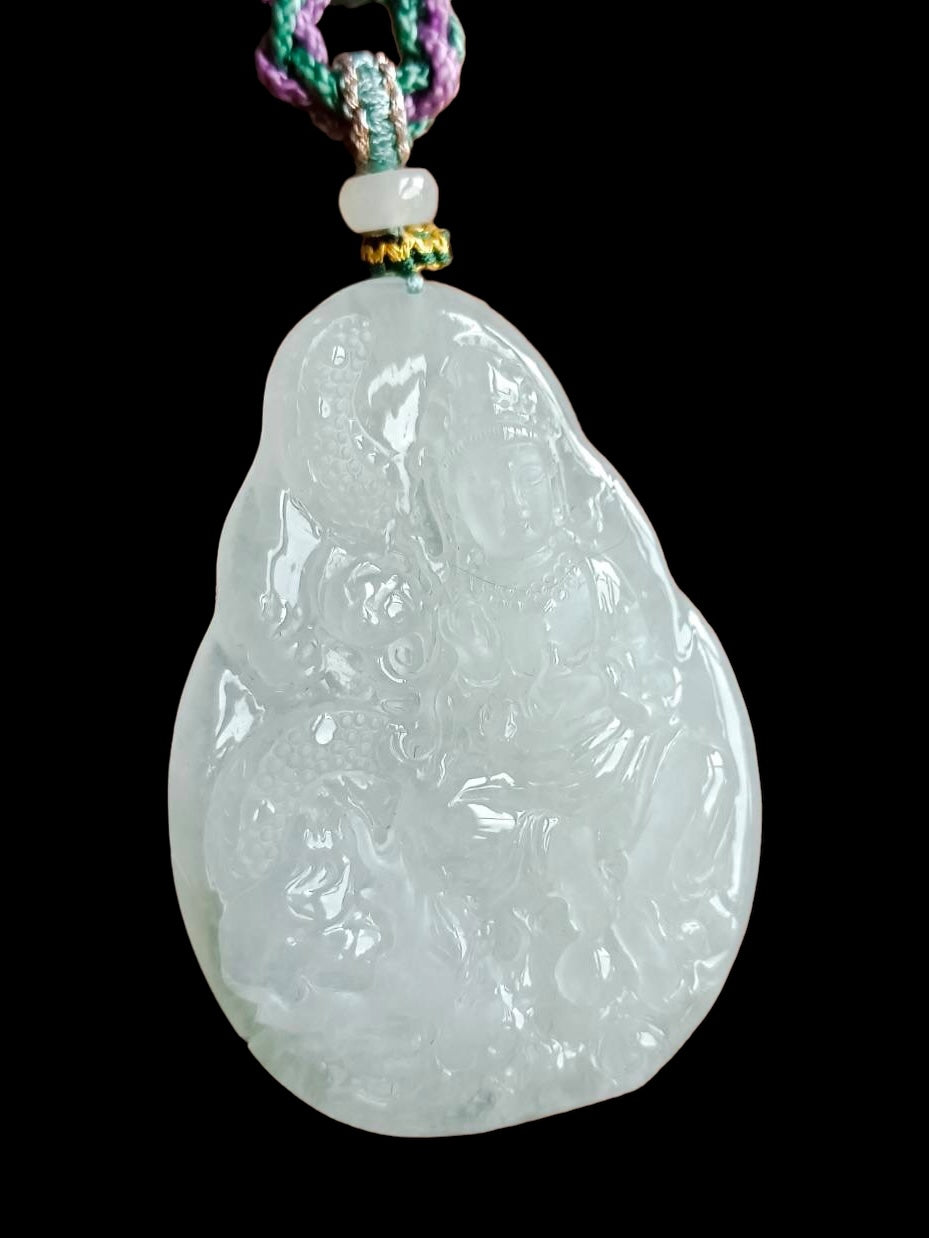 #572 GIA Certified Natural Translucent Light Green Burma Jadeite, Guan Yin and Dragon Pendant