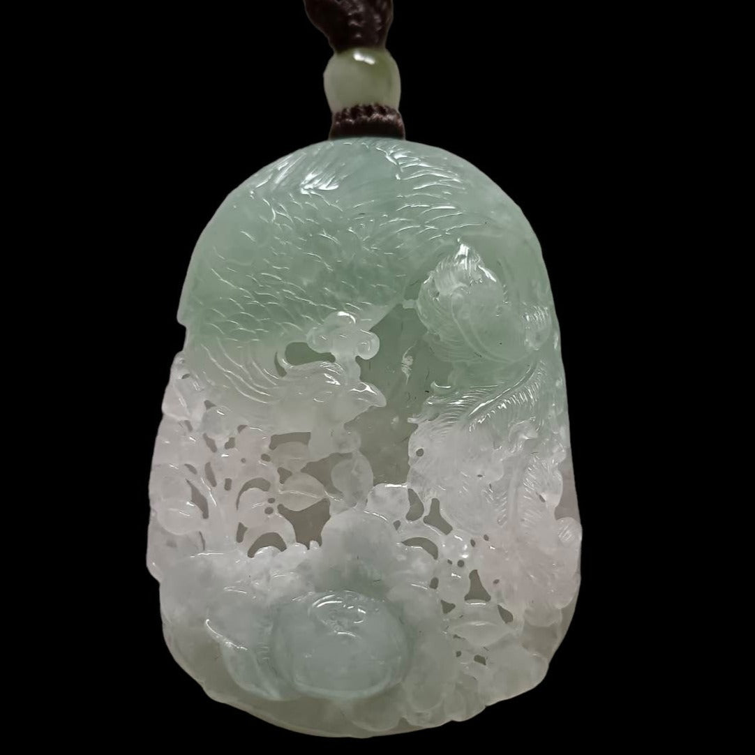 #168 GIA Certified Icy Burma Jadeite Pierced Phoenix Hollow Carving Pendant