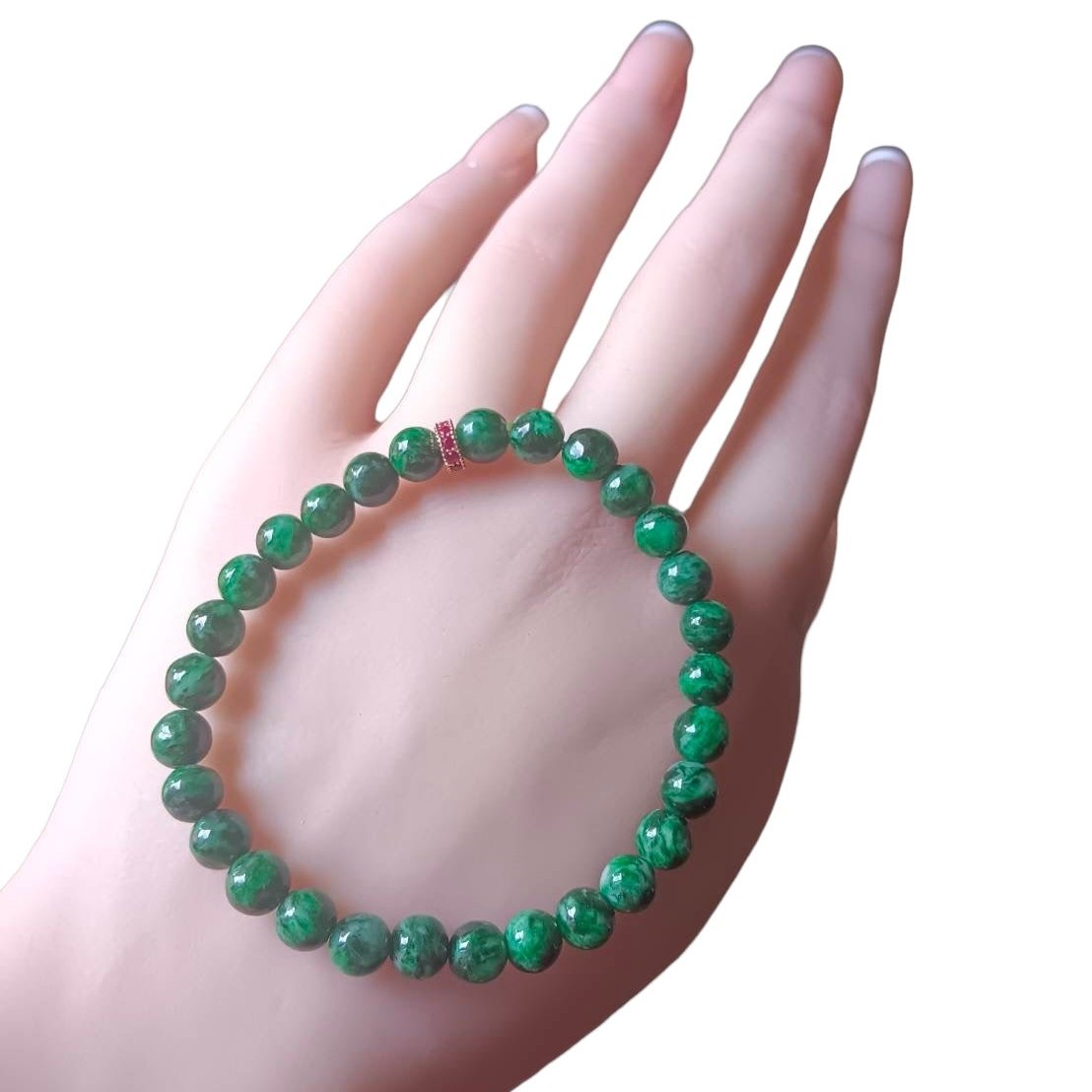 #788 Natural Dark Green Burma Jadeite Bead Bracelet with 14K Gold Plated CZ Divider, 6.5 mm