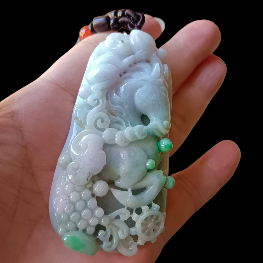 #646 AGI Certified Natural Lavender and Green Burma Jadeite Horse Pendant