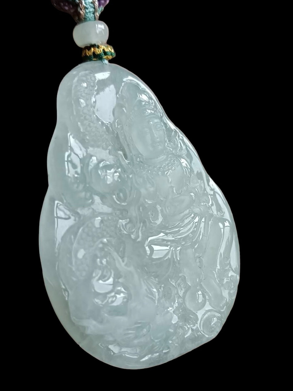 #572 GIA Certified Natural Translucent Light Green Burma Jadeite, Guan Yin and Dragon Pendant