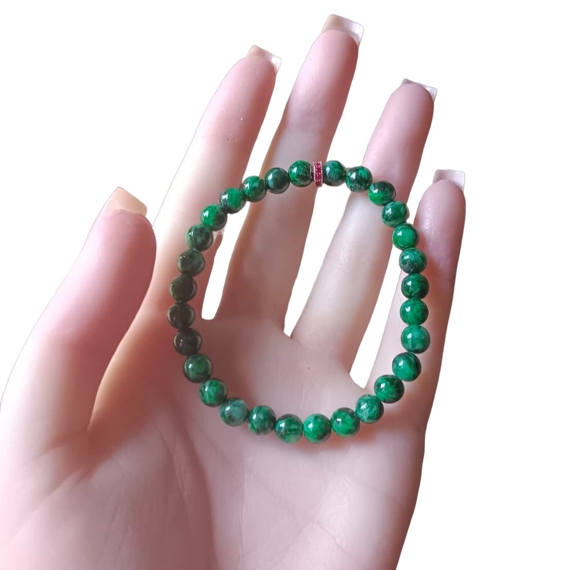 #788 Natural Dark Green Burma Jadeite Bead Bracelet with 14K Gold Plated CZ Divider, 6.5 mm